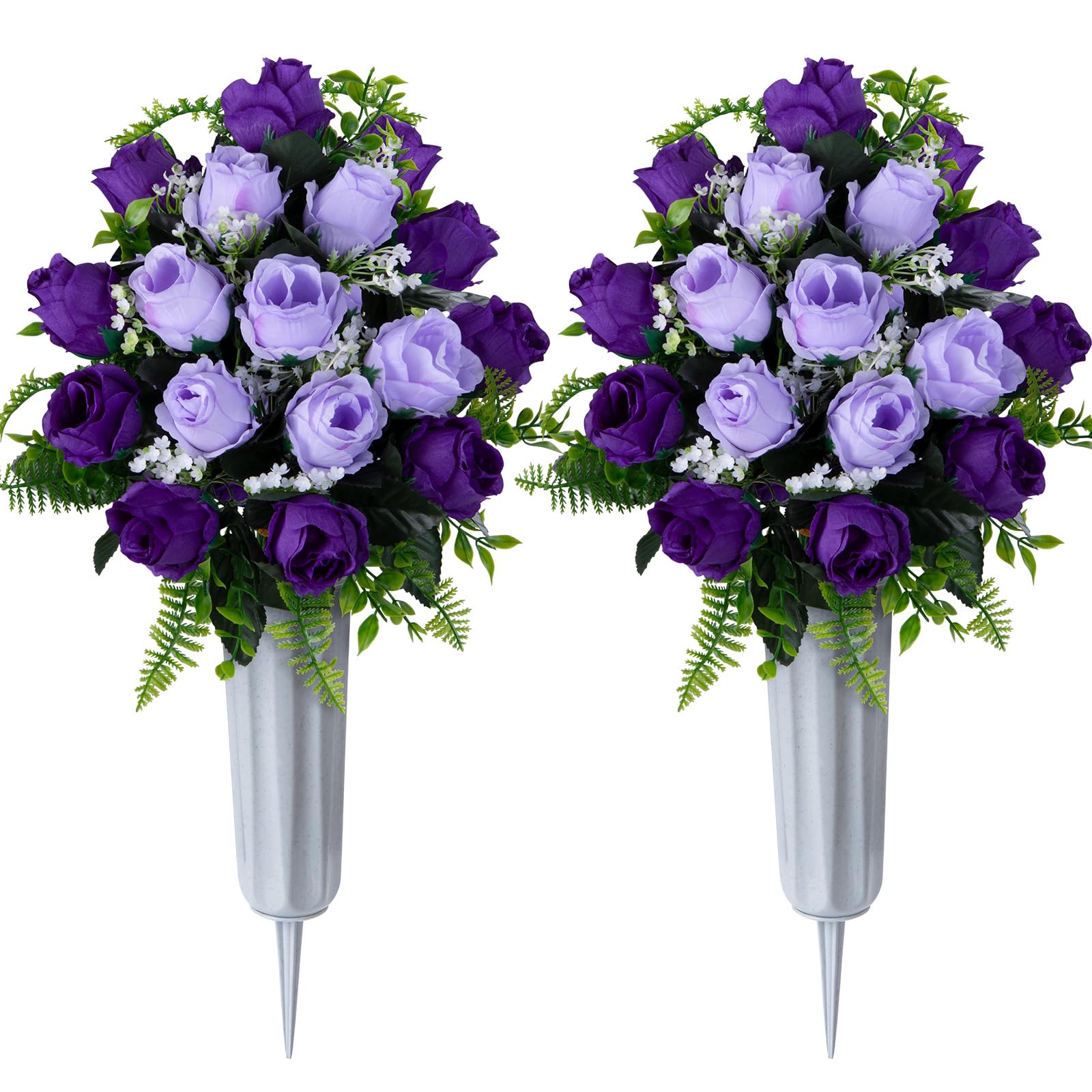 SIFOEL Set of 2 Artificial Grave Memorial Flowers Cemetery Flowers Rose Bouquet with Vase for Cemetery Graveyard Headstones Decoration (Dark Purple&Light Purple)