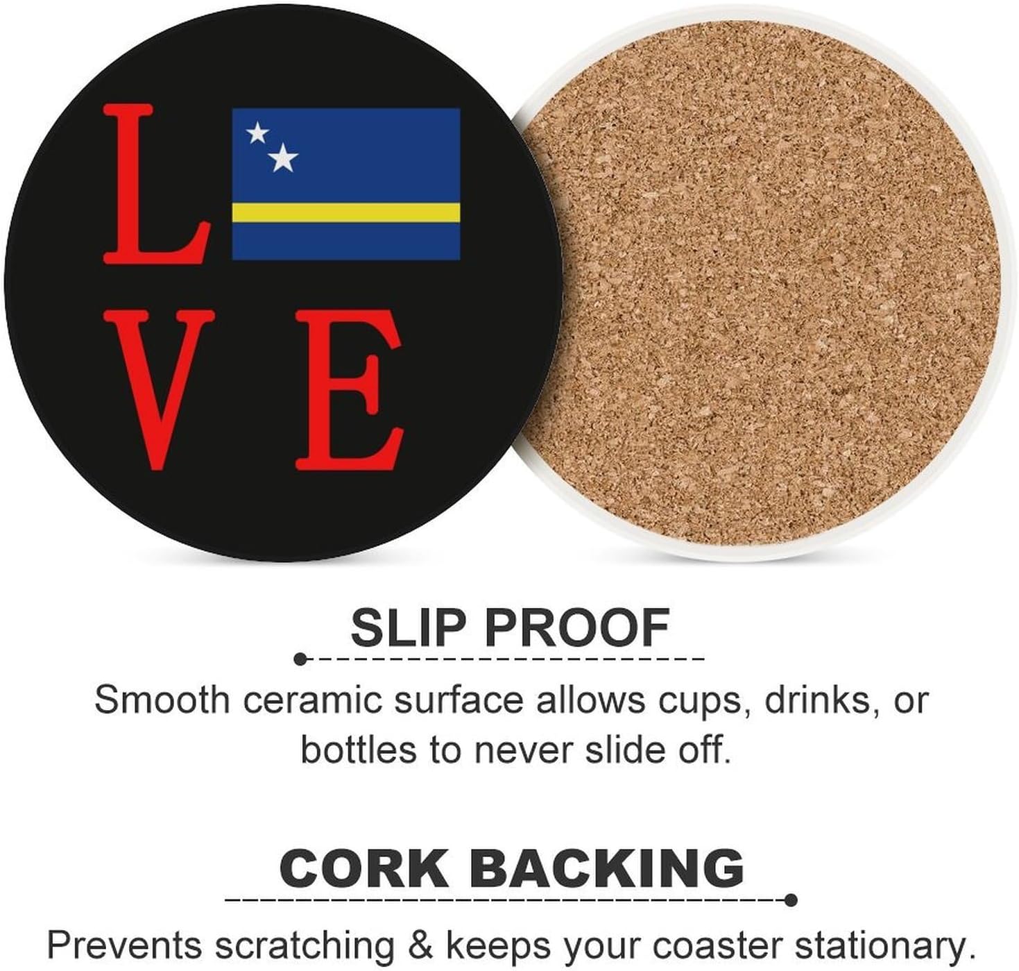 Love Curacao Flag Funny Round Ceramic Coasters for Drink Absorbent Cup Holders Tabletop Protection