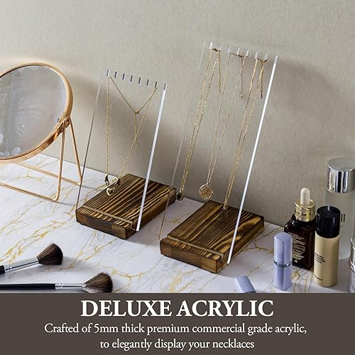Miniatura 2 de MyGift Juego de 2 piezas Moderno soporte para collar de acrílico transparente con panel desmontable y base de madera maciza rústica quemada,