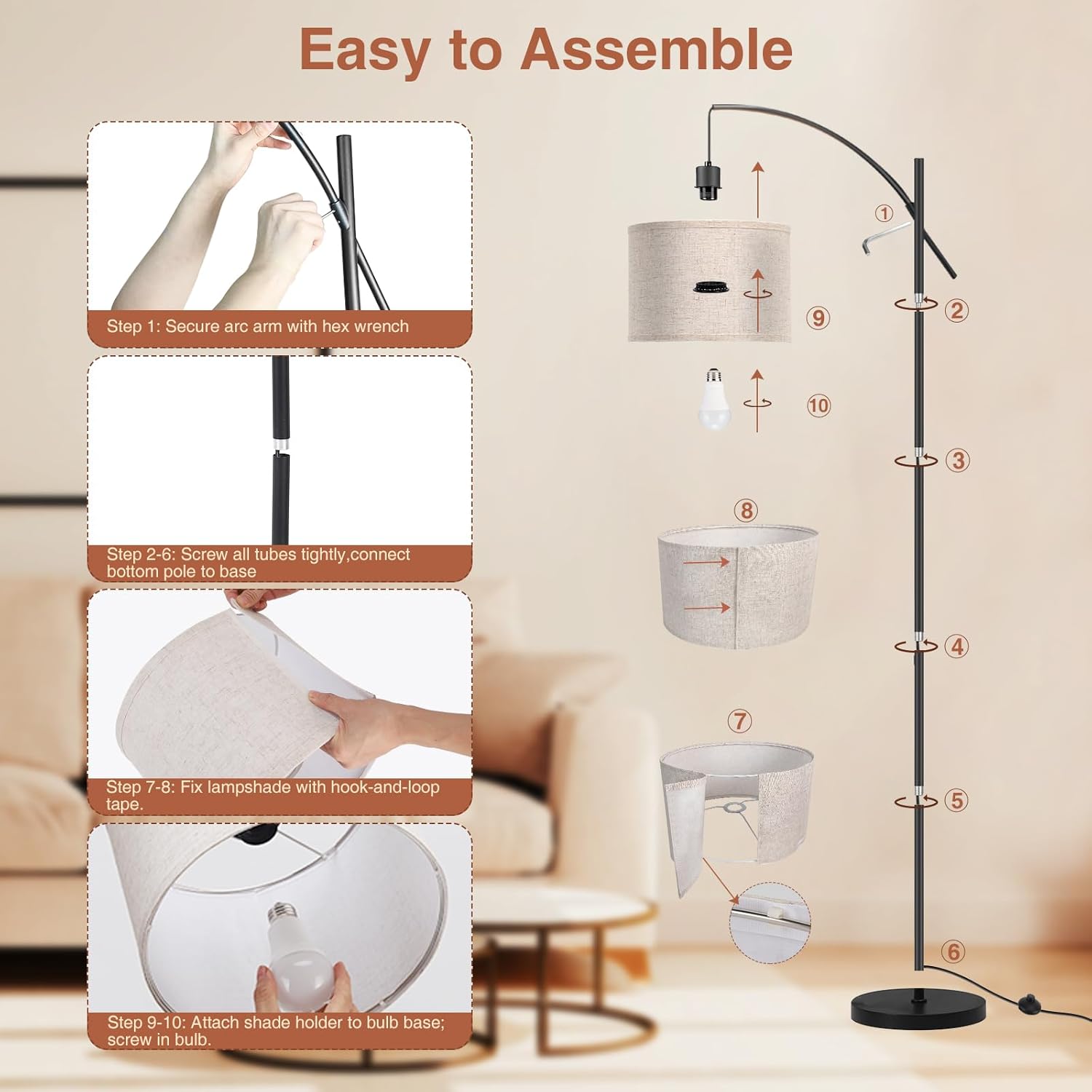 FIMEI Arc Floor Lamp remote control with various function buttons and illustrations of different lighting modes.