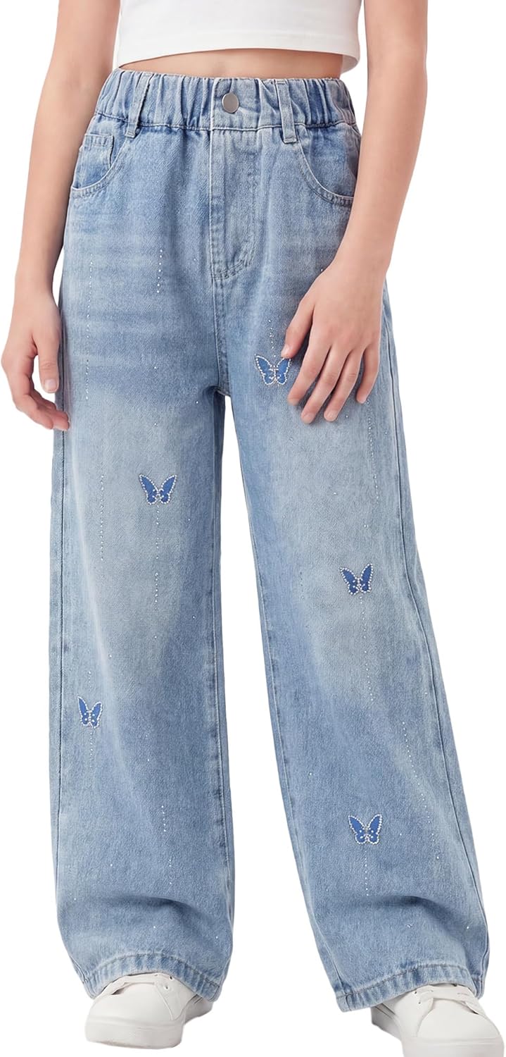 Happy Cherry Baggy Jeans for Girls Wide Leg High Elastic Waisted Denim Pants Summer Trousers