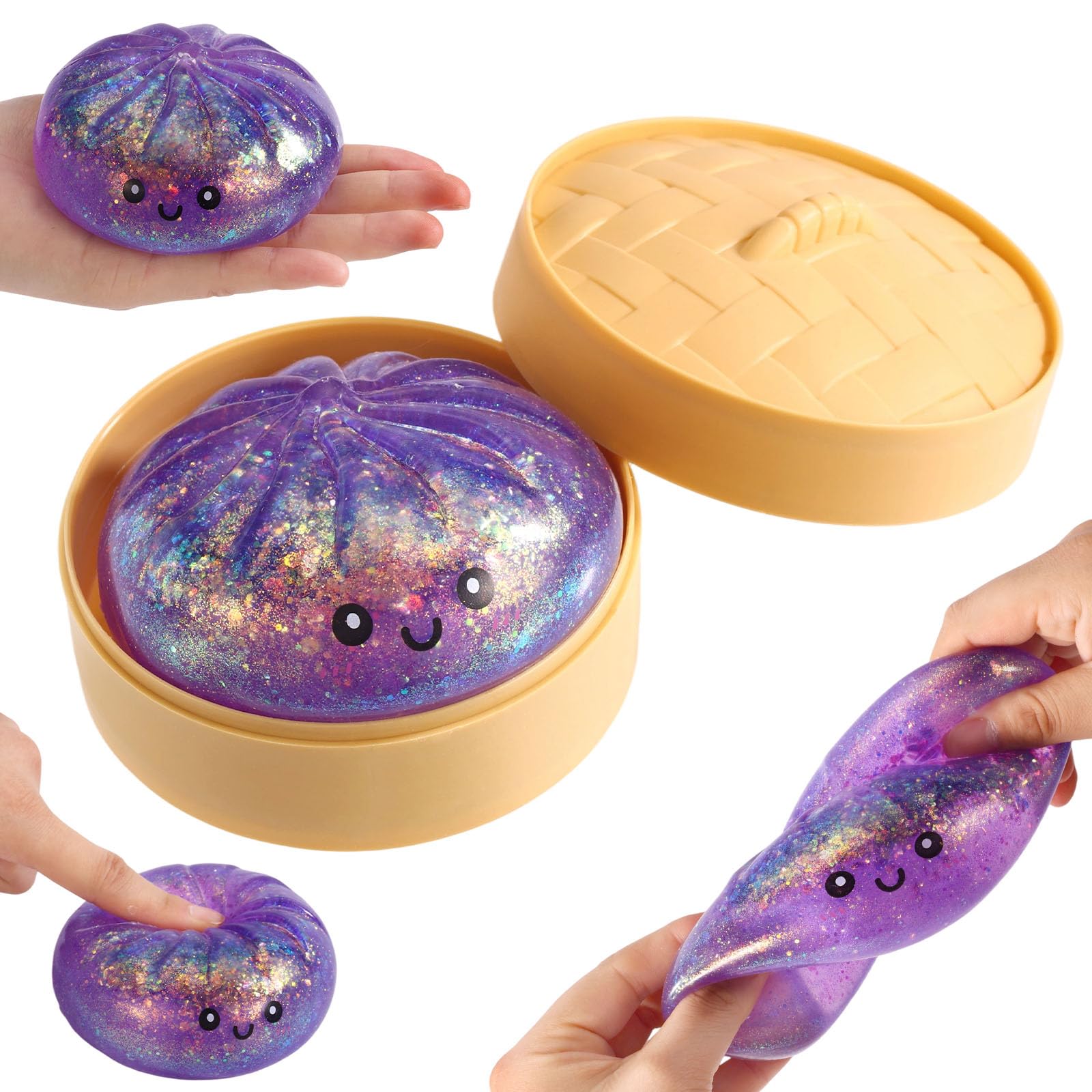 Giant Glitter Dumpling,Soft Adorable Mystery Dumpling Fidget Squishy Toys with Steamer Box for Adults Birthday Celebration Soft Squeeze Gift(Glitter Purple)