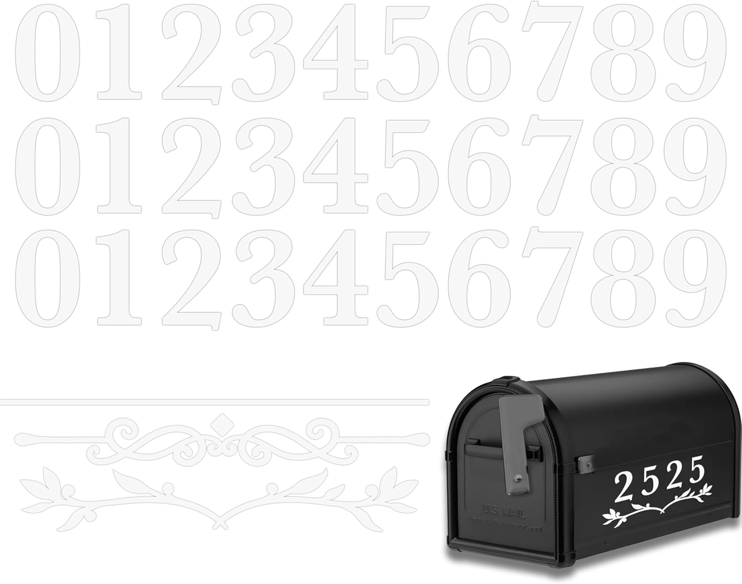 33PCS Mailbox Numbers for Outside, Self-Adhesive Waterproof Rustic White Vinyl House Door Address Numbers Stickers 0-9 with Leaf Decor for Apartment, Room, Office Door, Postbox, Trash Can 2IN