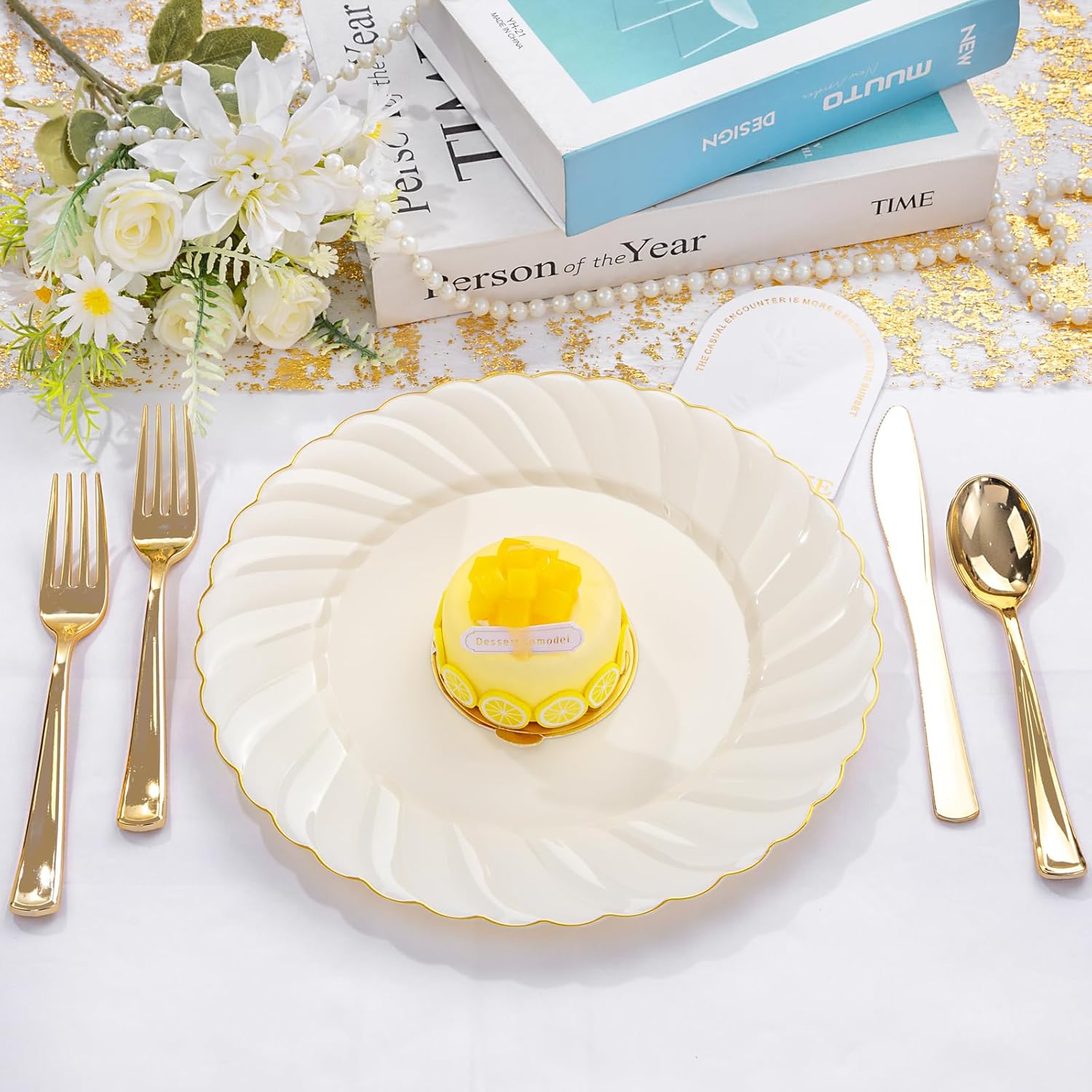 YOUBET 50 Pack Ivory Scalloped Plastic Plates 10.25 Inch Ivory Disposable Plates with Gold Rim - High End Elegant Vintage Dinner Plate for Birthday Parties & Wedding - Image 6