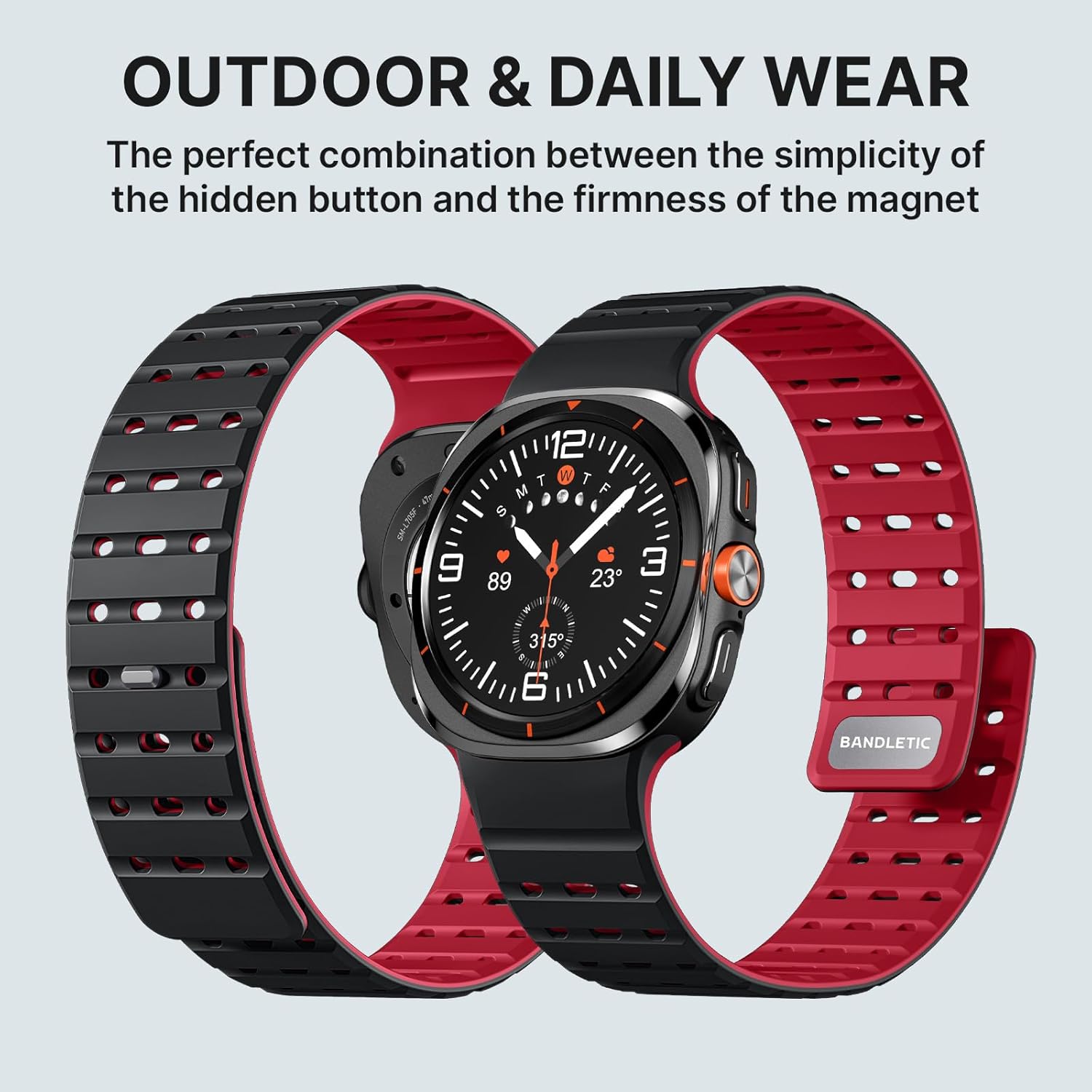 Bandletic Magnetic Silicone Band Compatible with Samsung Galaxy Watch Ultra 47mm Bands 2025/2024, Rugged Thin Soft Waterproof Sport Strap Replacement Wristbands for Women Men, Black/Red - Image 4