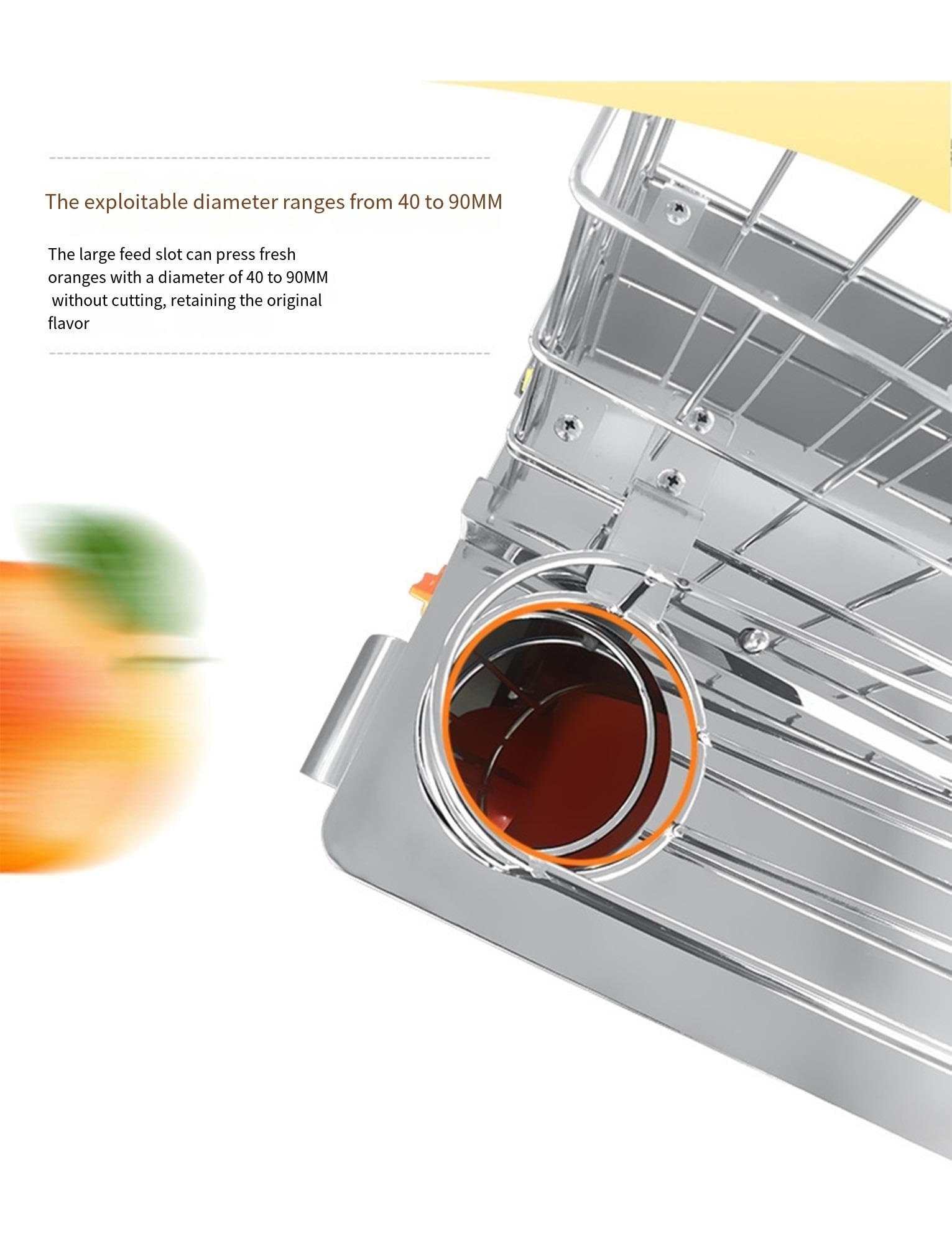 Exprimidor de jugo automático de naranja comercial, exprimidor de acero inoxidable de 120 W con cubos de recogida de cáscara y filtro extraíble, extrae 22-30 naranjas por minuto