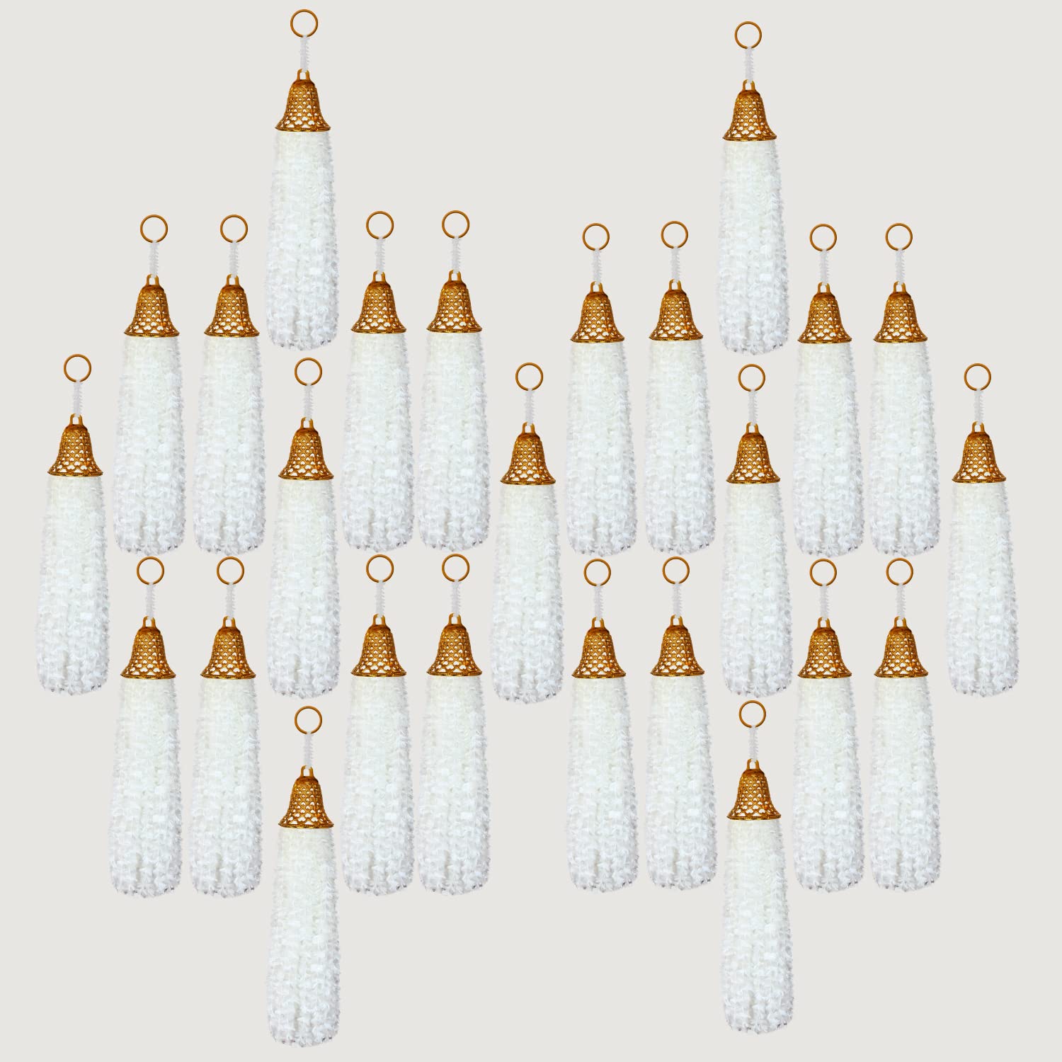 iHandikart Handmade Unique Mini Feather Woolen Garlands with Bell Size 15 Inch||Color White, Pack of 25 (HV57506-25)