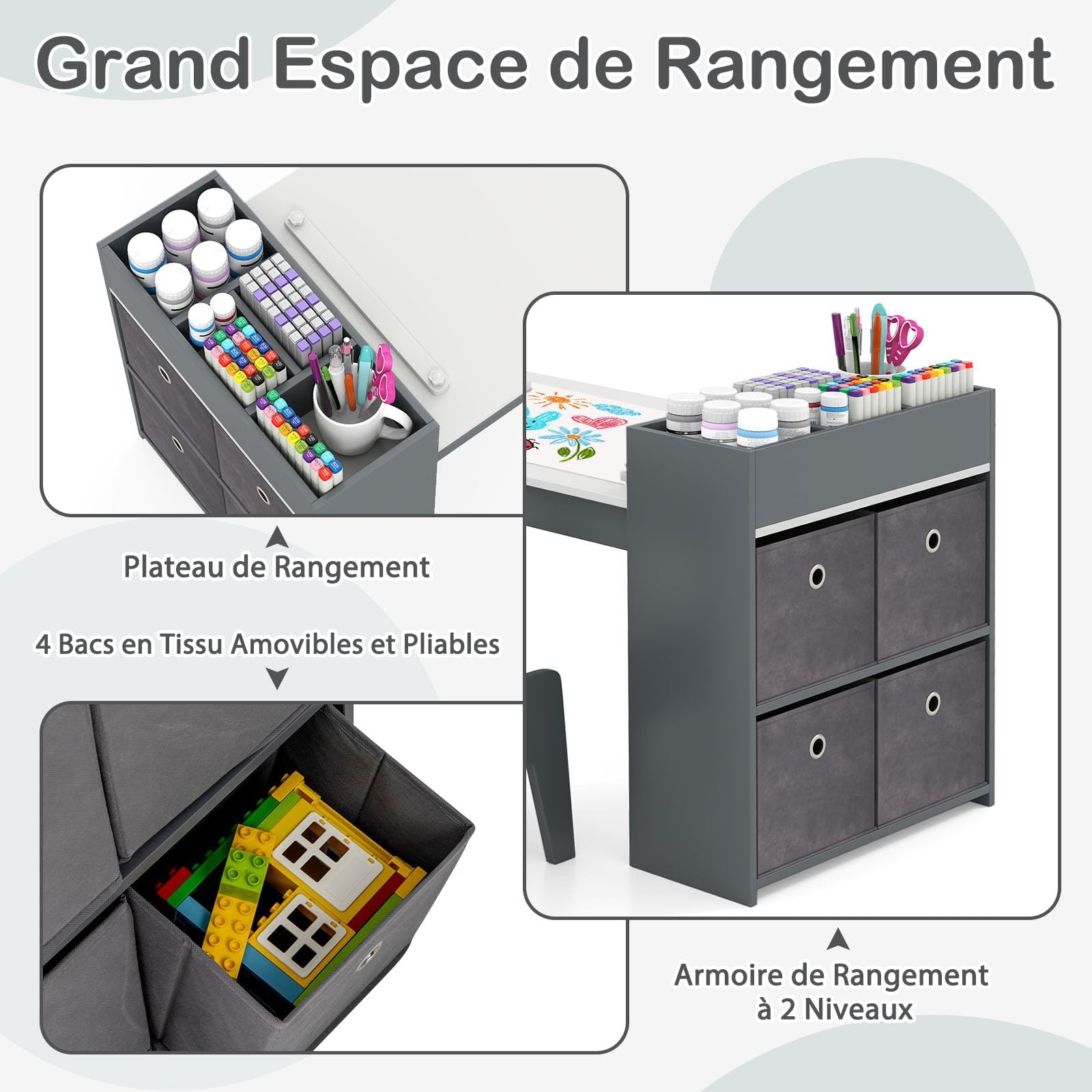 GOPLUS Bureau Enfant avec Rangement, Table de Dessin avec Rouleau de Papier, Support, Etagères et 4 Bacs en Tissu, Charge 60KG, Table Enfant avec Chaise pour 3+ Ans (Gris)