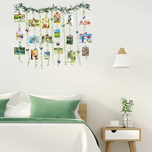 Miniatura 2 de Expositor de fotos para colgar en la pared con clip, juego de collage de marcos de fotos de hojas de árbol de vid artificiales con 40 clips y 8