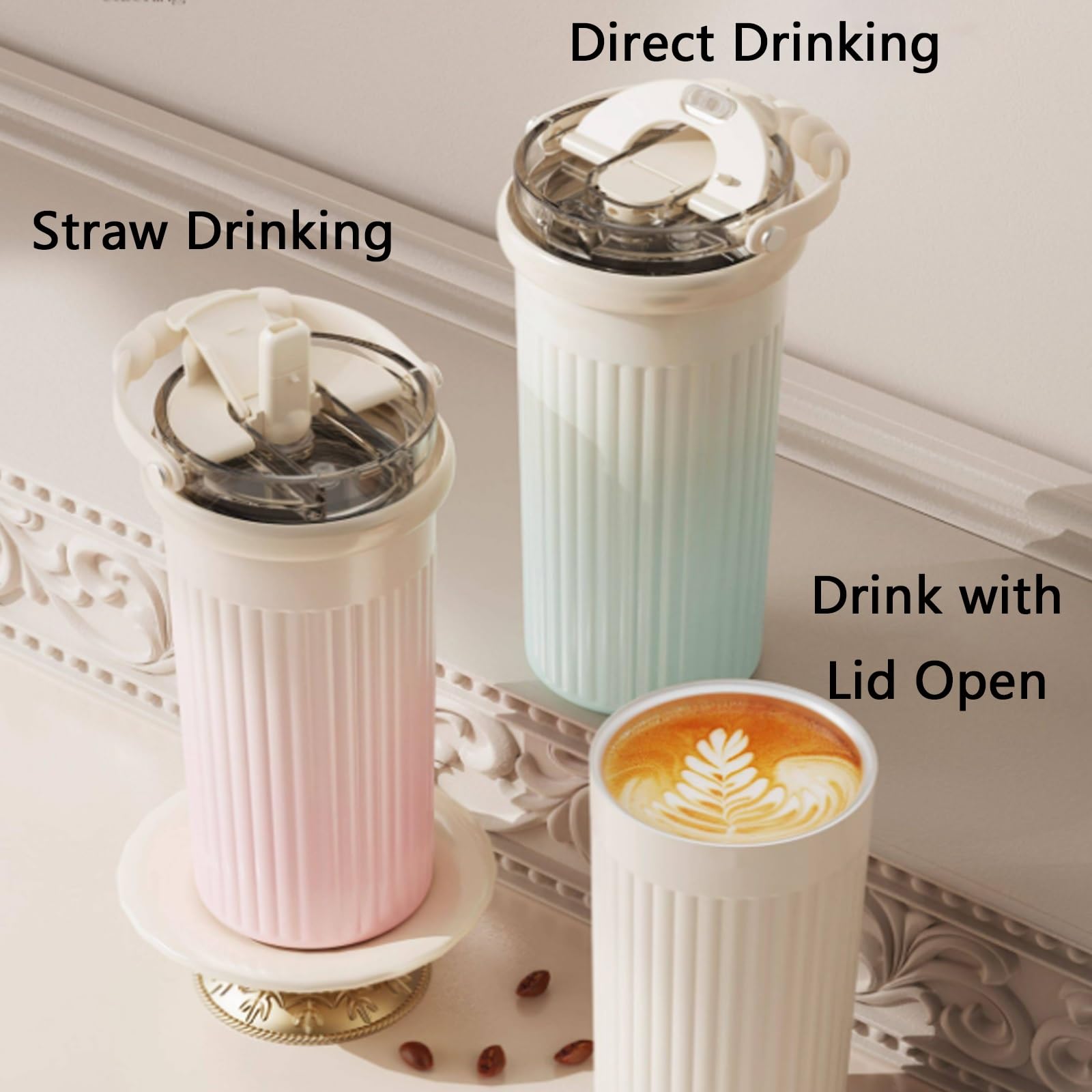 500ml / 17oz, Thermo Becher, Isolierbecher, 3 Trinkmöglichkeiten, Sicher und Auslaufsicher, Leicht zu Reinigen, für Sport, Reisen und Schule(White)