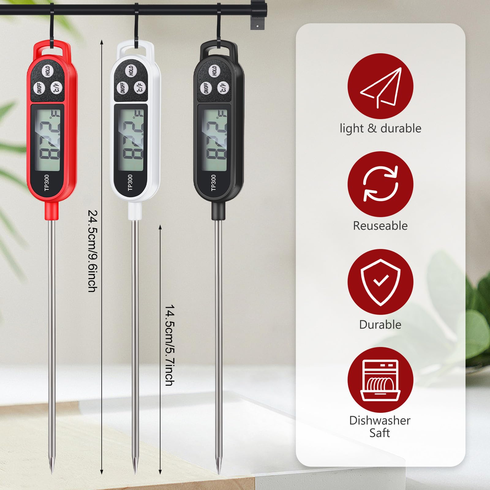 Copkim Lot de 24 thermomètres à viande à lecture instantanée avec longue sonde de 24 cm - Étanche - Pour barbecue, eau, lait, yaourt liquide (anneau carré, noir, blanc, rouge)