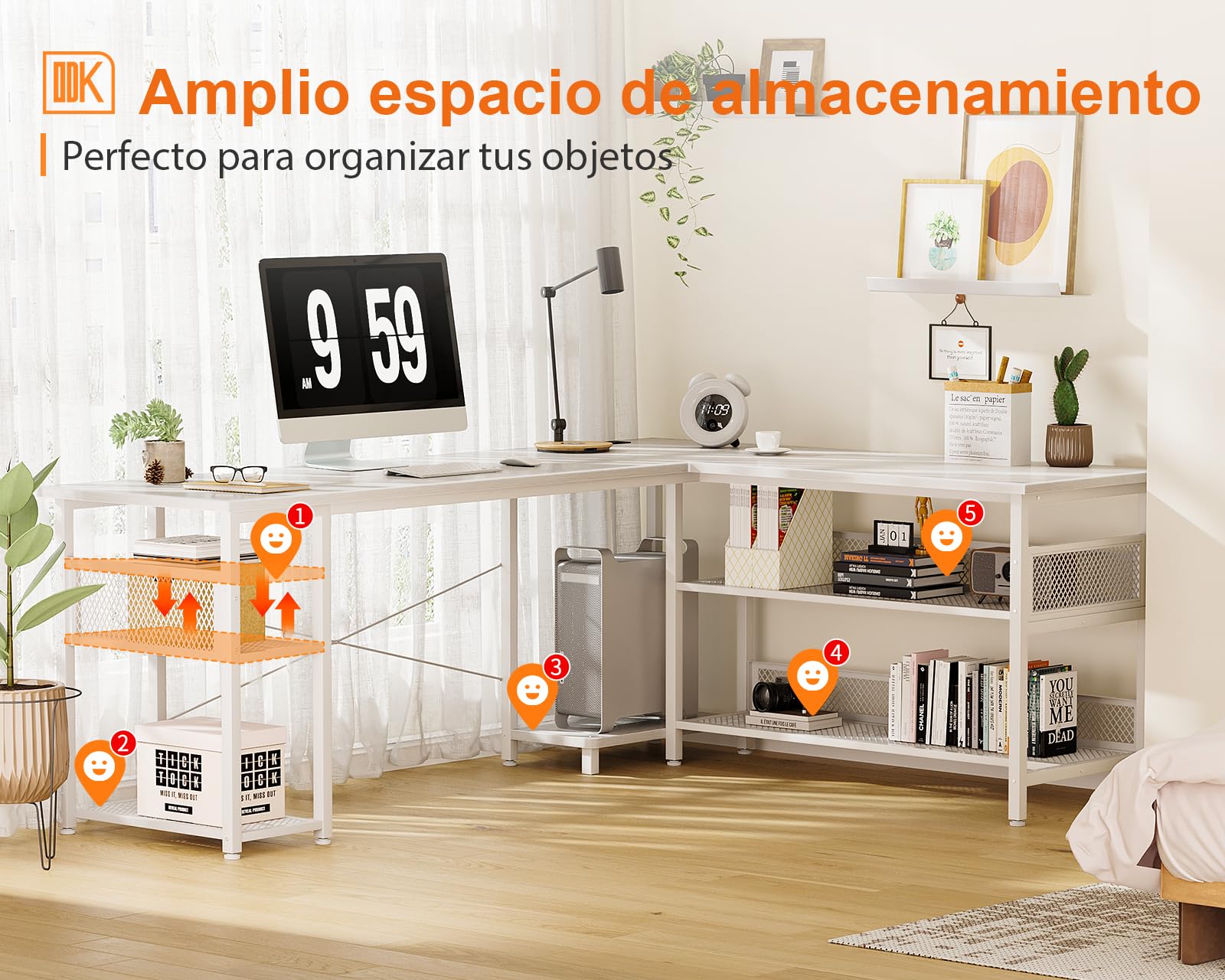 ODK Scrivania Gaming ad L con Design Reversibile, Scrivania con Ampio Spazio di Archiviazione, Scrivania ad Angolo con 2 Prese e 2 Porte USB, Bianco, 168×120cm