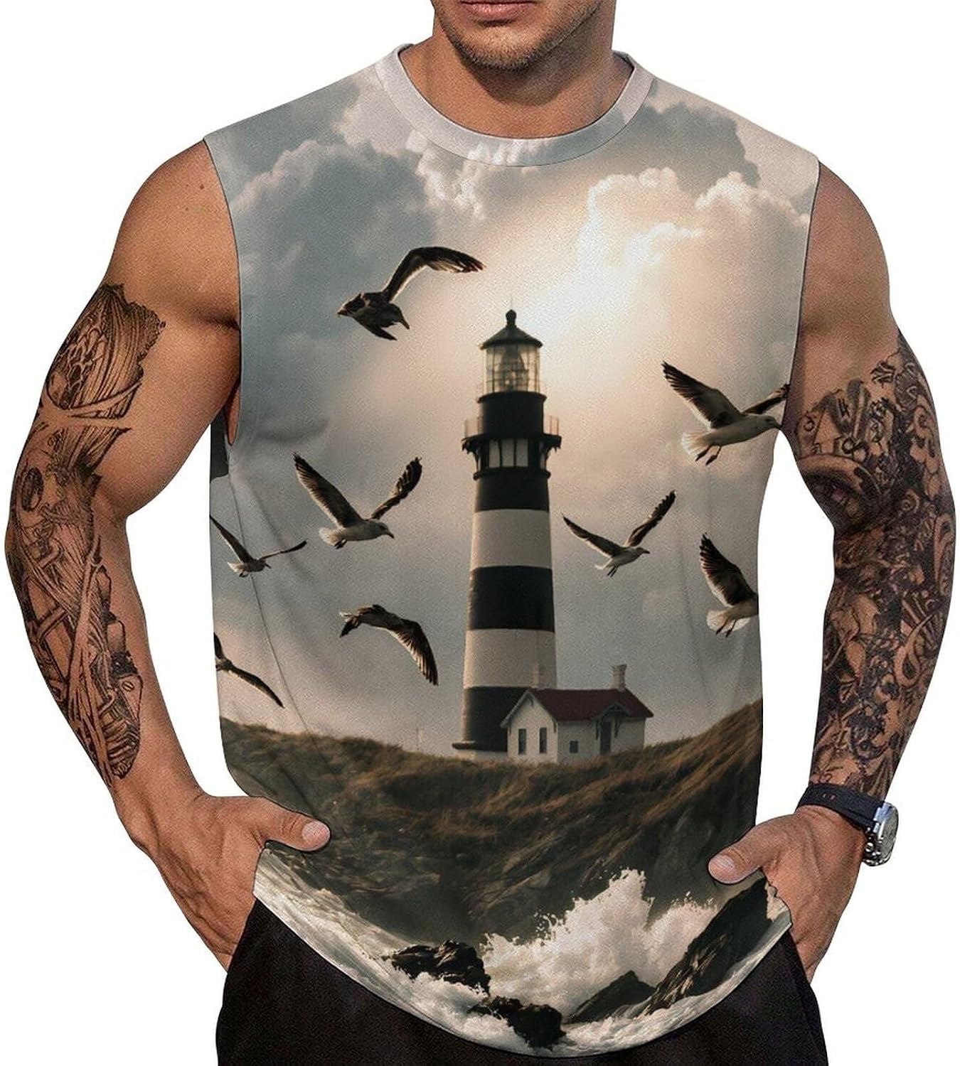 Lighthouse Seagulls Rocky Bluff Men's Sleeveless Shirt Small