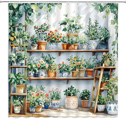 Cortina de ducha con plantas en maceta, bohemio, cactus, verde, botánico, rústico, tropical, hojas, Watecolor, floral, suculentas, primavera,