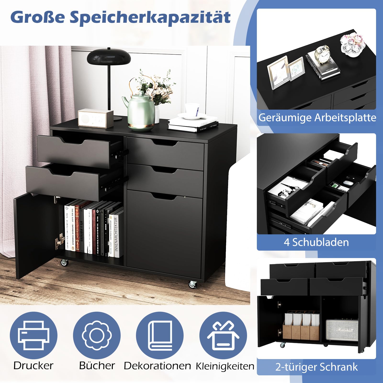 COSTWAY Kontener na kółkach z 4 szufladami i 2 drzwiami, szafka na dokumenty z rolkami, stojak na drukarkę, szafka biurowa na dokumenty w formacie DIN A4, format listowy, legalny (czarny)