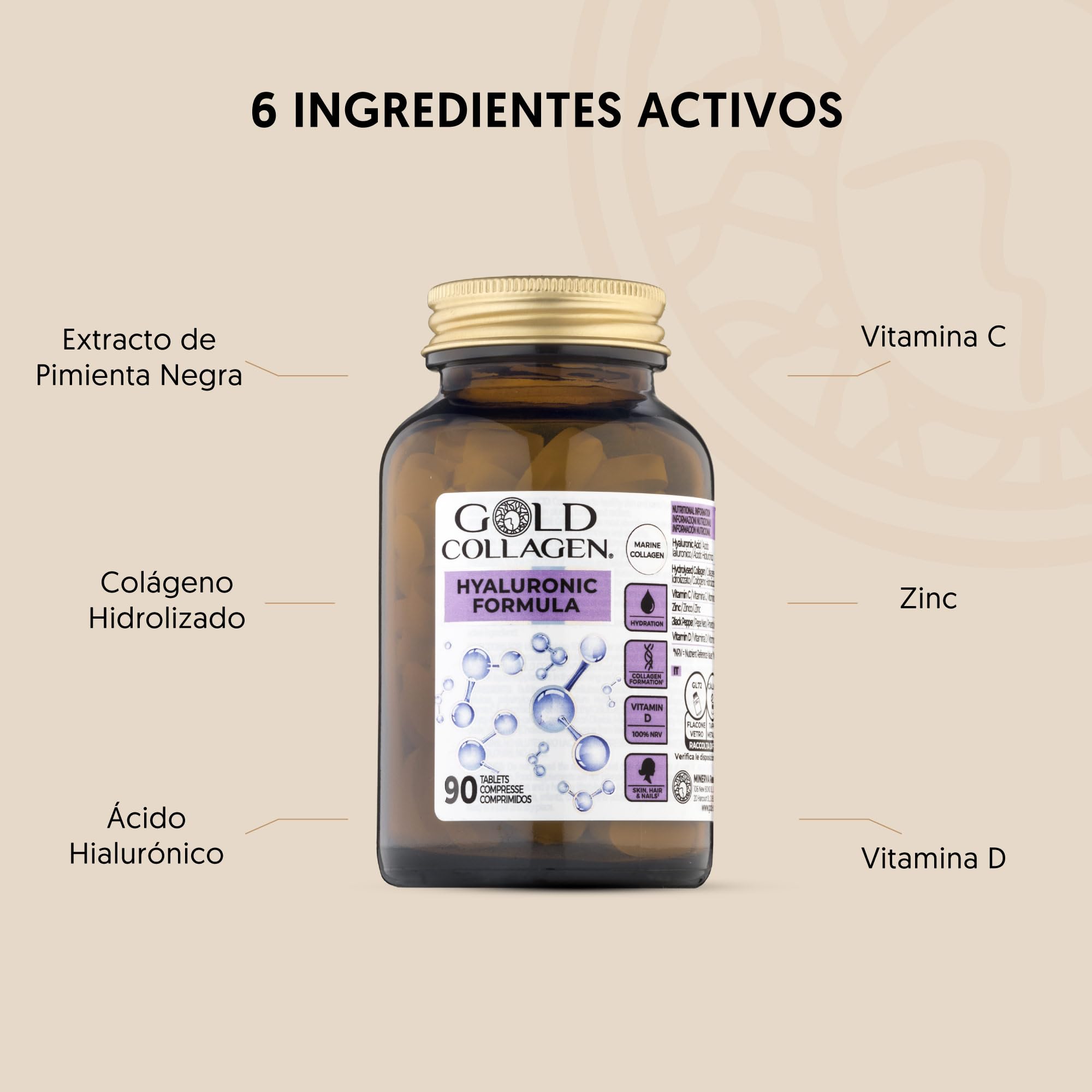 GOLD COLLAGEN Hyaluronic Formula - Complemento Piel Uñas Articulaciones Mujer 90 Cápsulas - Tratamiento con Vitamina C, Vitamina D, Ácido Hialurónico, Zinc y Colágeno Marino Hidrolizado