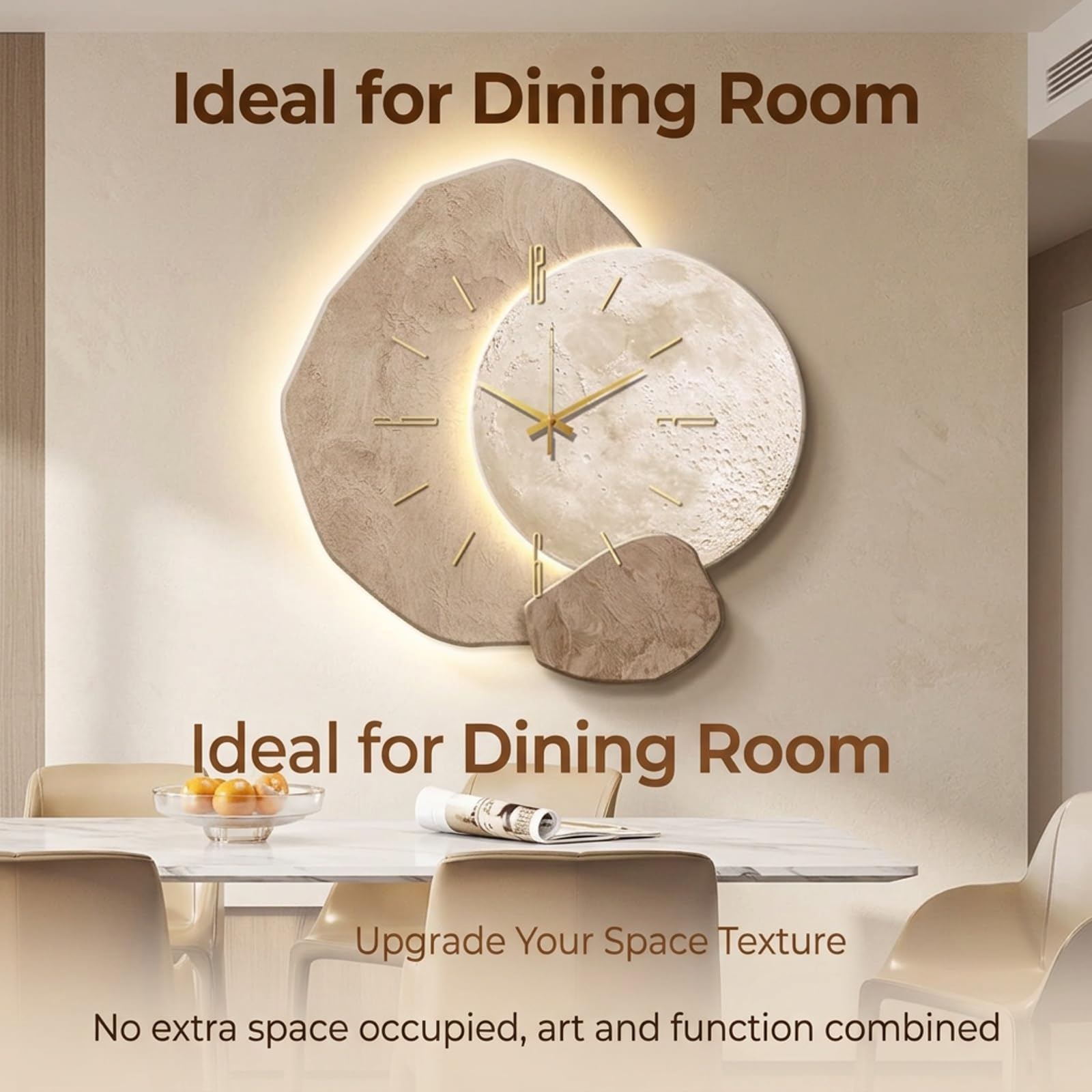 Orologio parete LED con design 3D, Moon Clock decorativo per decorazione | Design unico luna 3D, movimento al quarzo silenzioso, illuminazione LED ambientale(C,23.6IN*23.6IN_PLUG-IN MODEL)