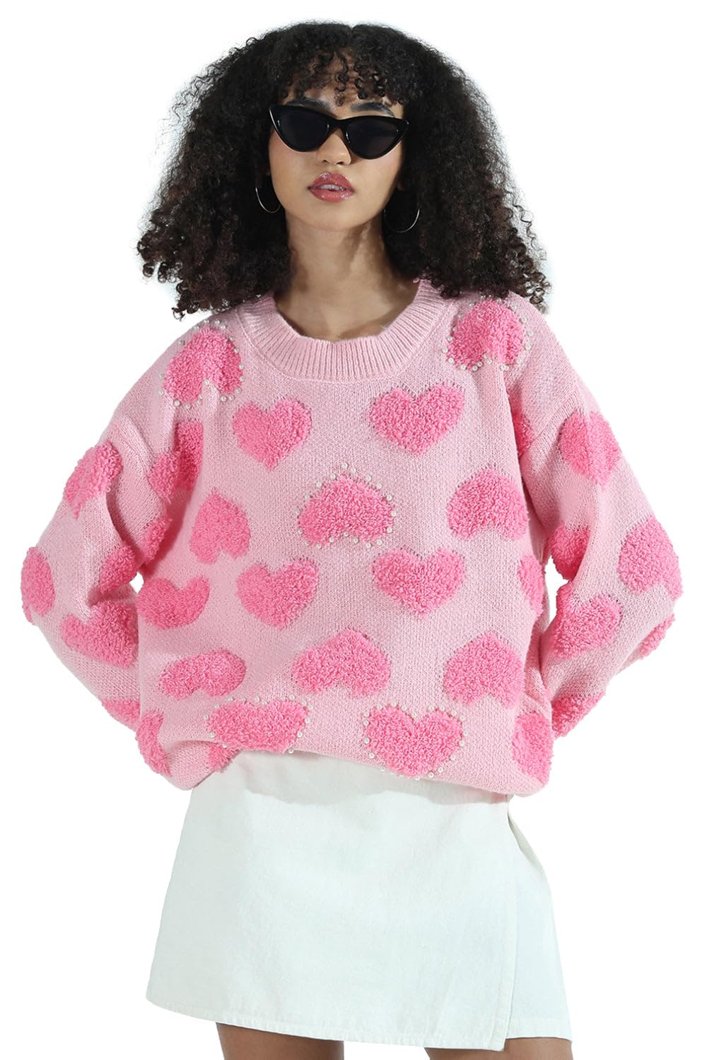 showoffff Edition Women's Pink Oversized Sweater with Textured Hearts and Pearls-CHN-26076_Pink-P-picture-22
