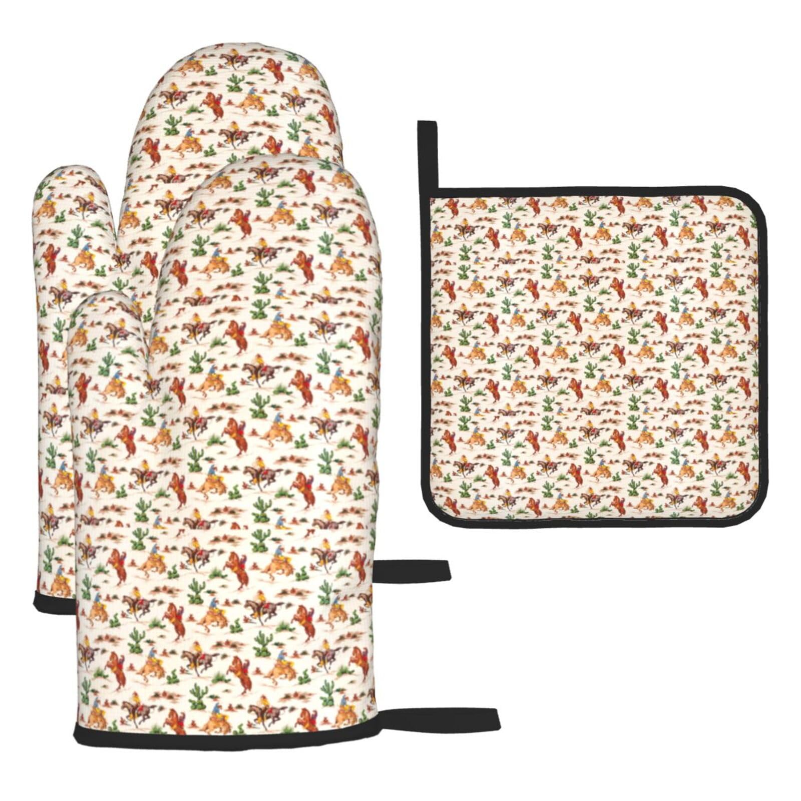 Cowboy Ride Horse Print Oven Set Kitchen Gloves Baking Grilling Microwaving Cooking Gift Everyday Holiday