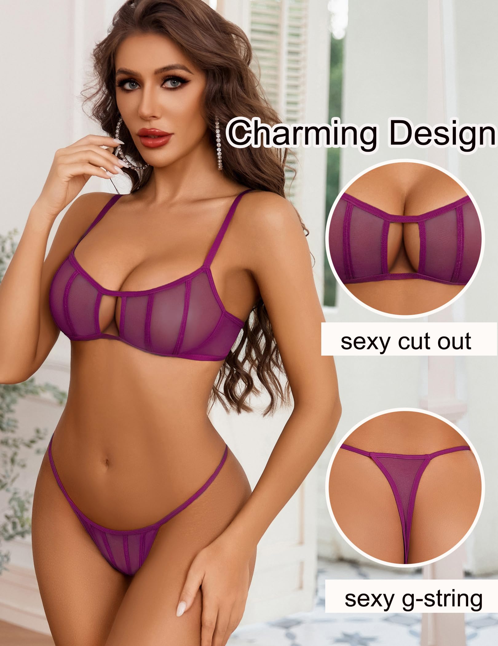 Avidlove Mesh Lingerie Sets for Women Sexy Cut Out Sheer 2 Pieces Bra and Panty Set Wireless Underwear: XX-Large Purple