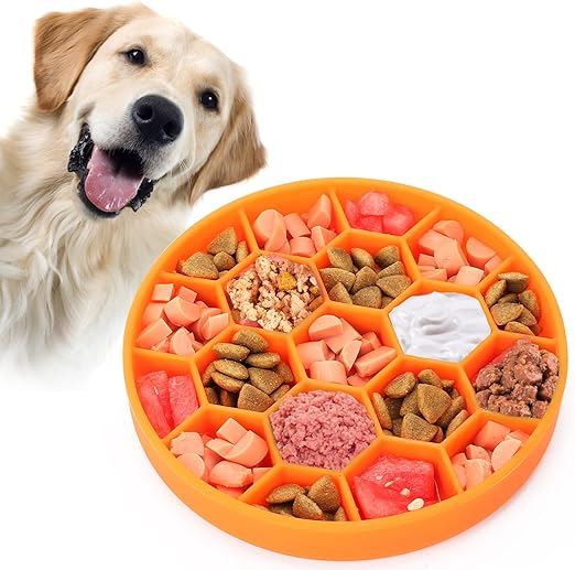Pawow Slow Feeder Dog Bowls, Silicone Dog Bowl with Suction Cups for Fast Eaters, Non-Slip & Anti Gulping, Dishwasher Safe, Reduces Anxiety, Slow Feeding Pet Bowl for Small Medium Large Breed(Orange)