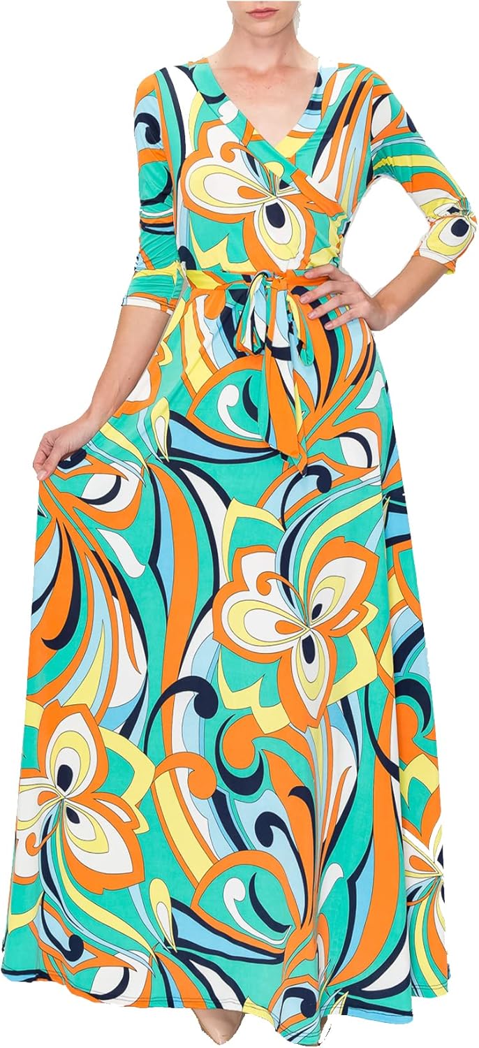 Women's Summer Casual Dress 2024 Summer 3/4 Sleeve V-Neck Wrap Long Dress Summer Beach Long Maxi Dresses