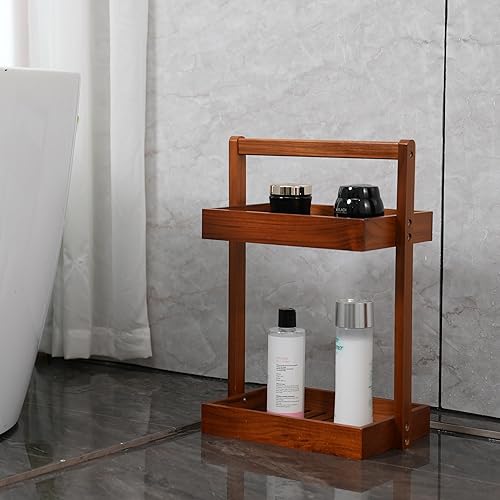 Miniatura 4 de Utoplike Organizador de Ducha de Esquina de Madera de Teca, Organizador de Baño de Encimera de 2 Niveles, Estante de Ducha de Pie con Mango, Cesta