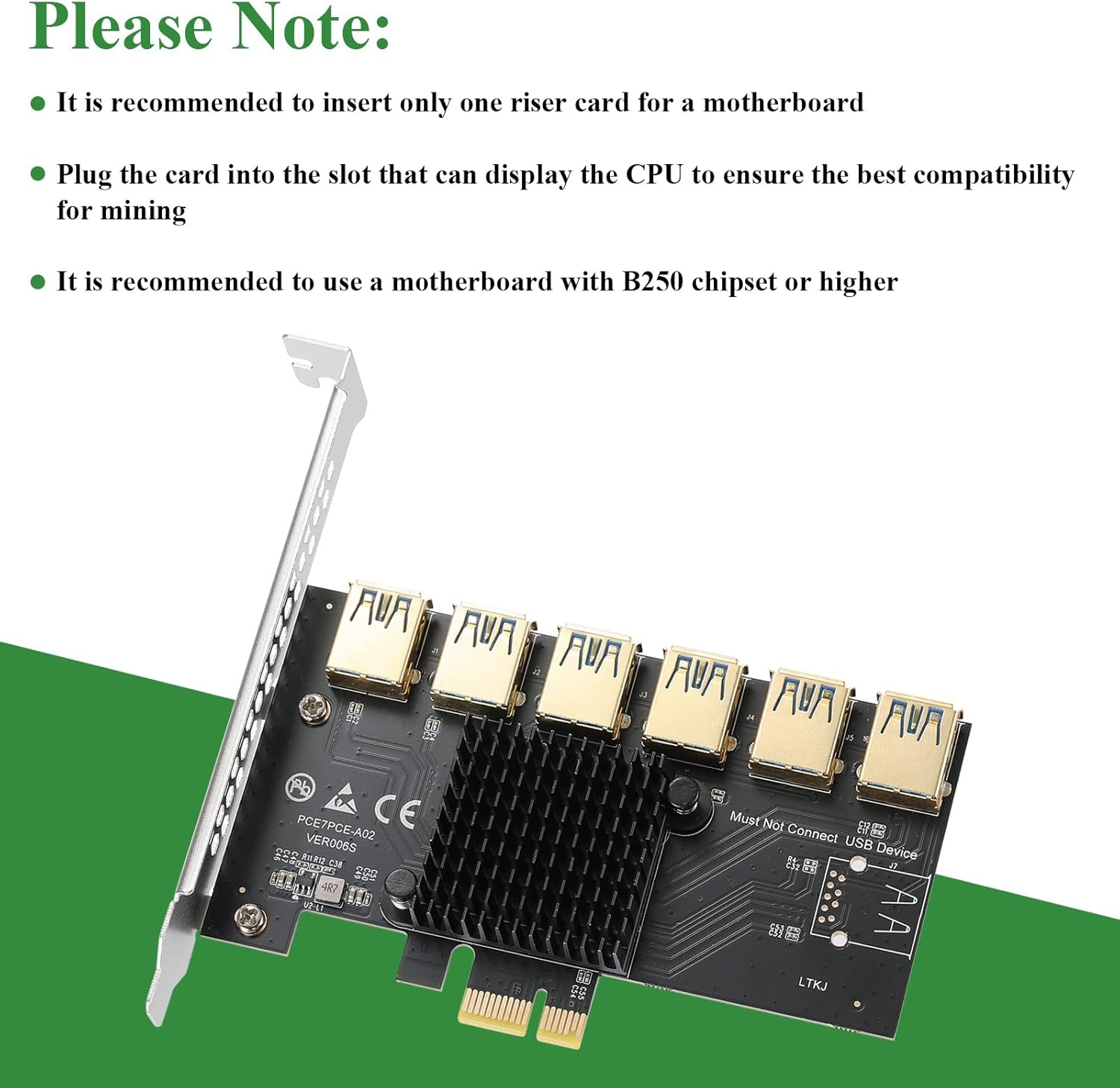 Image titled 'Please Note:' with bullet points: 'It is recommended to insert only one riser card for a motherboard', 'Plug the card into the slot that can display the CPU to ensure the best compatibility for mining', 'It is recommended to use a motherboard with B250 chipset or higher'. Below the text is a clear image of the MZHOU PCI-E 1 to 6 USB Slots Riser Card.