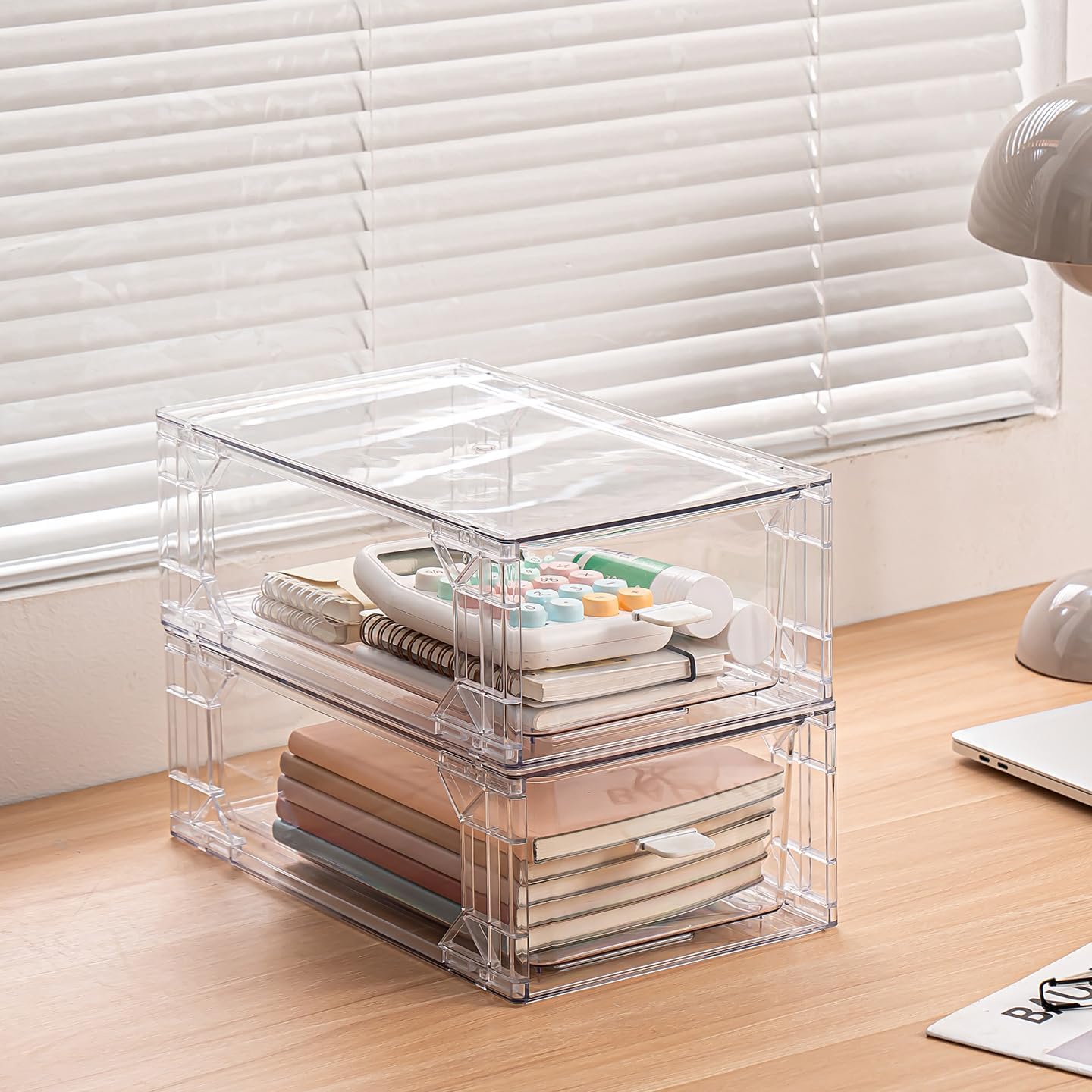 2 Pack Stackable Makeup Organizer,Modular Storage Bins with Handles for Fridge,Bathroom,Kitchen Under sink,Cabinet,Pantry Organization Drawer