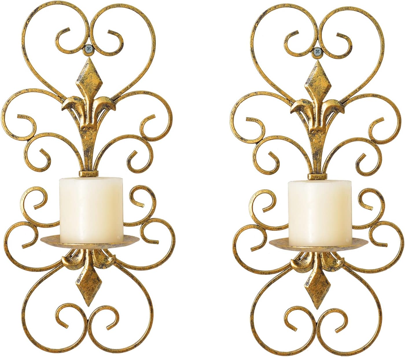 Set of 2 Wall Sconces Candle Holders Metal Wall Decoration Hanging Wall Mounted Candle Sconces for Home Decor Bedroom Dining Room, Antique Gold