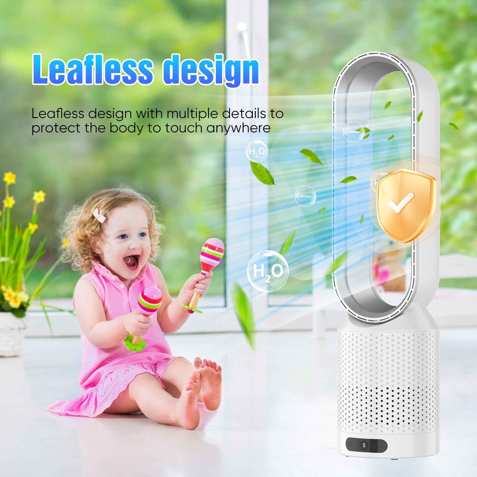 Rotorloser Ventilator mit Fernbedienung, 2in1 Turmventilator & Luftreiniger mit HEPA, 8 Geschwindigkeiten, 90° Oszillation, Timer, Weiß
