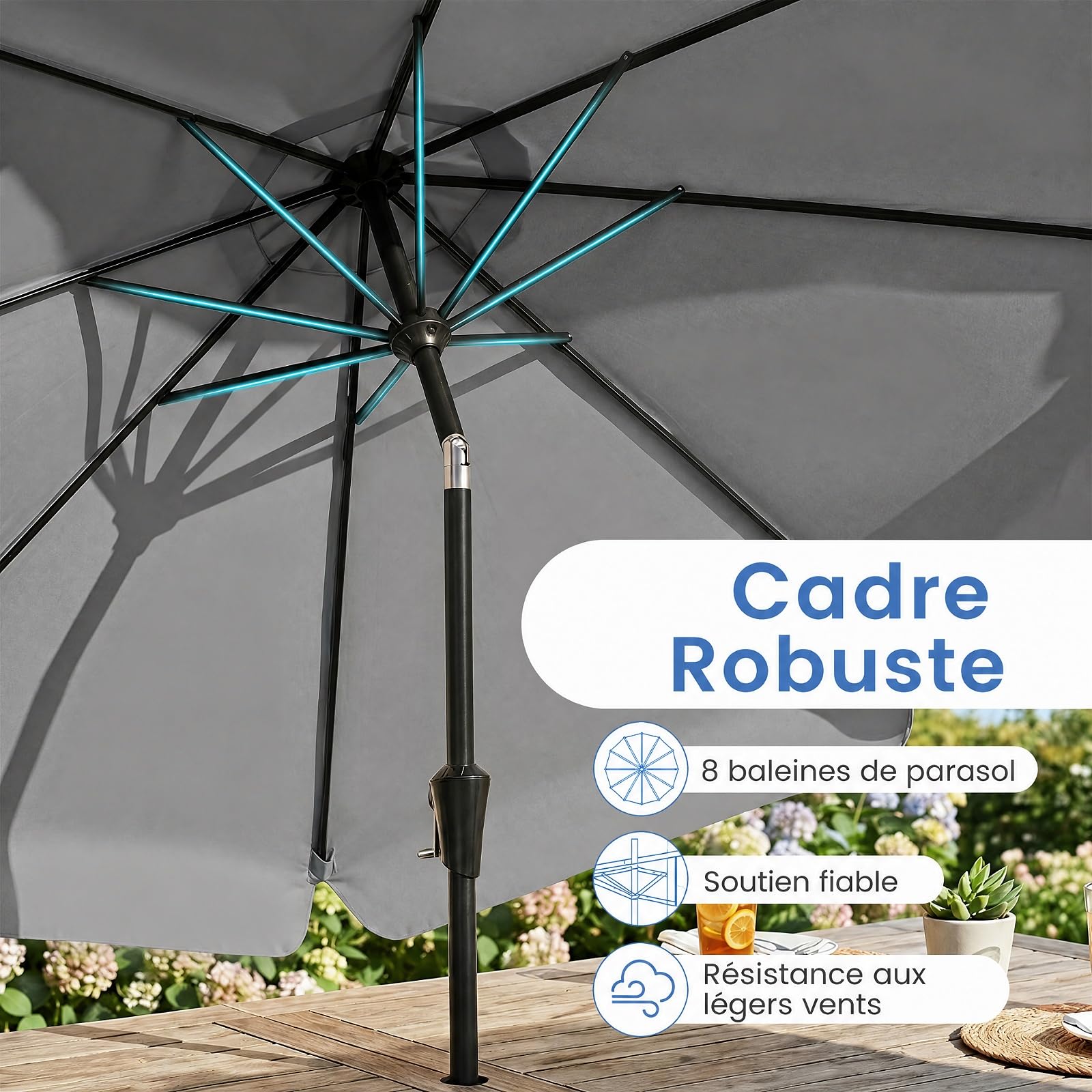COSTWAY Parasol de Jardin Extérieur à Volant 3m, Parasol Inclinable 30° en Polyester, Manivelle Lisse, 8 Baleines, Protection Solaire&Résistant à l'Eau, pour Terrasse Piscine Plage