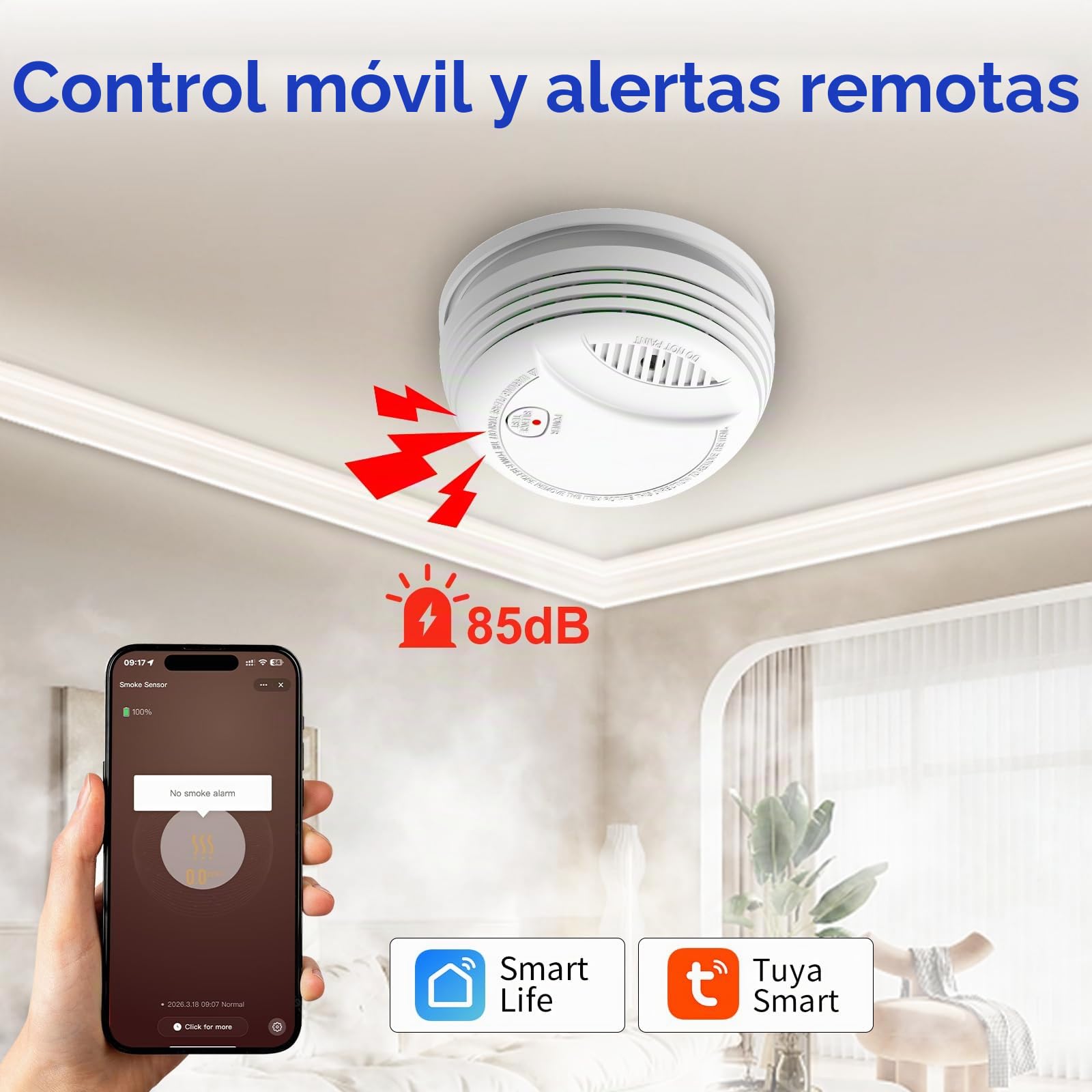 Detector de Humo WiFi Alarma de Incendio Inteligente con Notificaciones App y Silencio Remoto, Pila Sustituible, Certificado EN 14604, Notif. de Tuya/Smart Life a la Familia, 3 Pieza