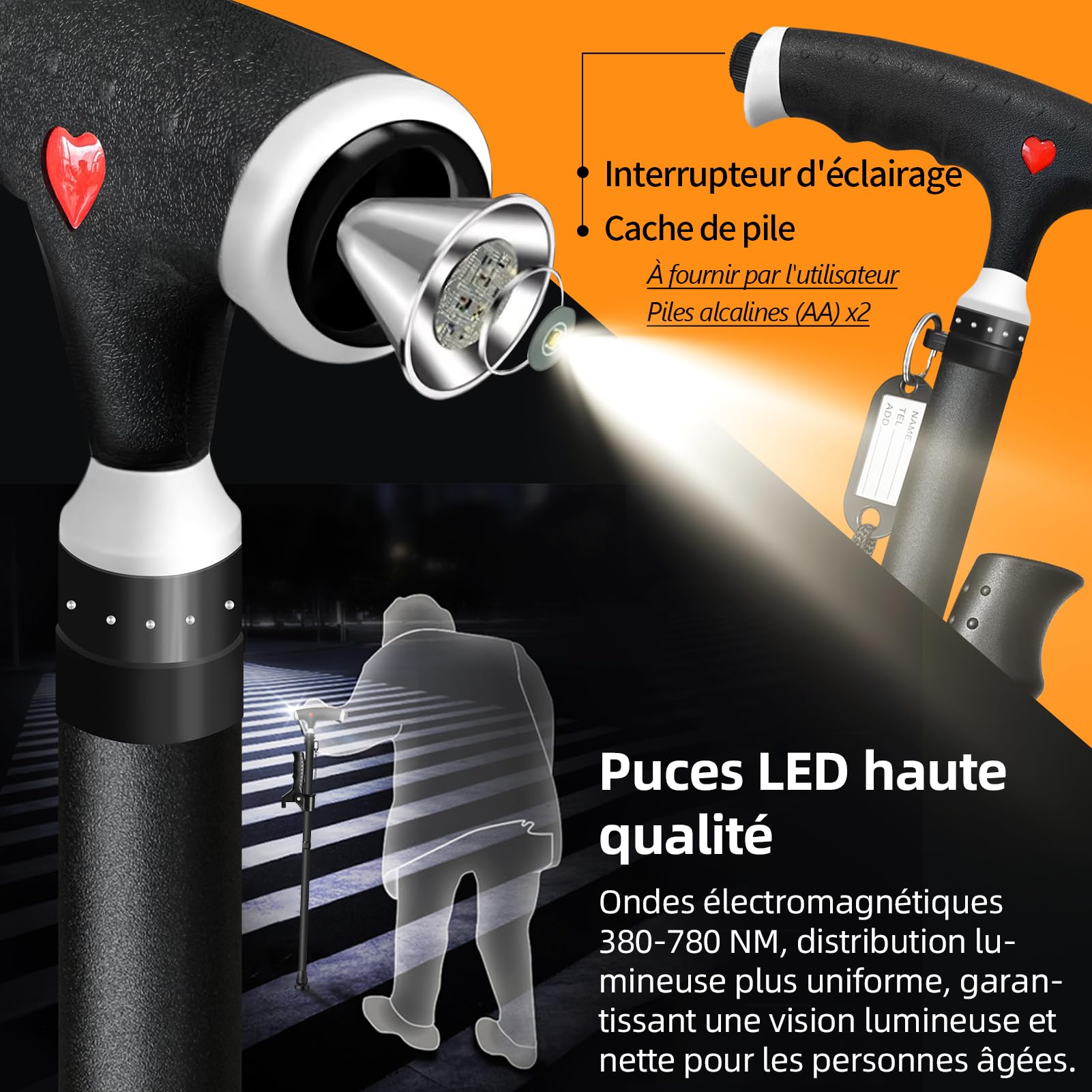 Canne réglable pour homme et femme - Double poignée - Canne réglable avec lumière LED - Bâton de marche pour personnes âgées et personnes souffrant d'arthrite