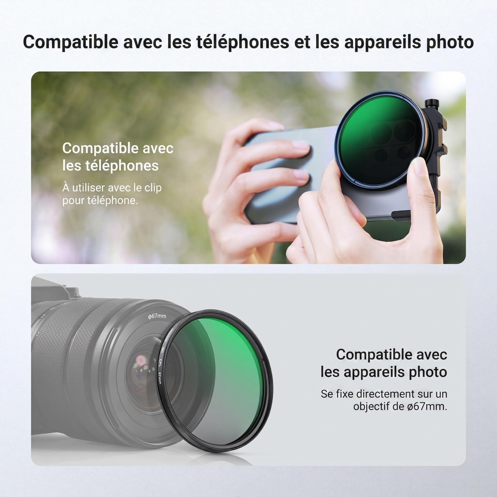 NEEWER 67mm Support de Filtre pour Téléphone avec Pince Réglable, Fixation pour Griffe Flash et Filtre CPL, Accessoires Photo Compatibles avec iPhone 17 16 15 14 Samsung Galaxy S26 Ultra S25, FL-112