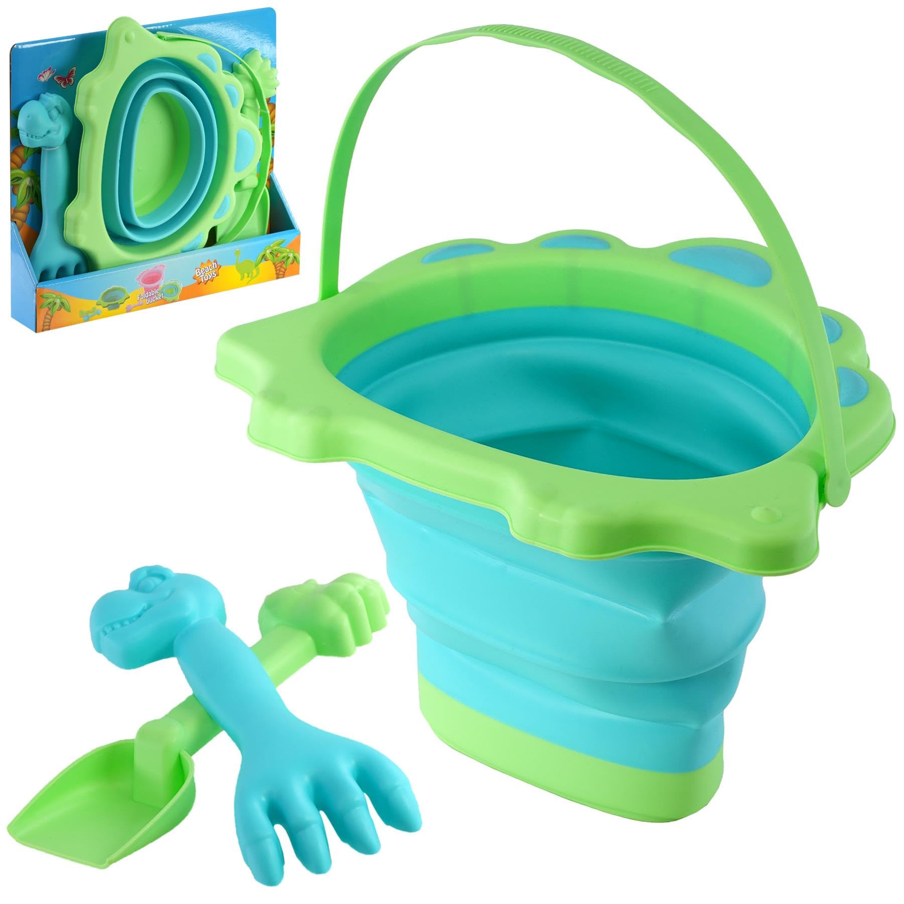 The Magic Toy Shop Pool Toys Play Sand Pit Kits Beach Bucket and Spade Set for Kids Pink Dinosaur Shaped Collapsible Foldable Plastic Bucket Outdoor