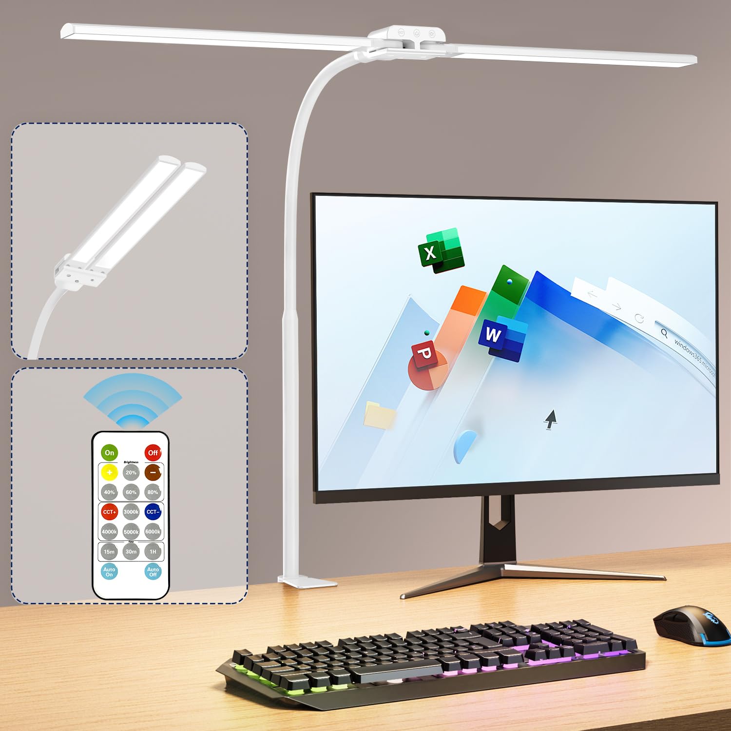 KableRika 12W Lámpara de Escritorio con mando a distancia, Flexo LED Escritorio de Doble Cabezal, Luz de Arquitecto Regulable, luz monitor con Temporizador, para Oficina en el Hogar - Blanco