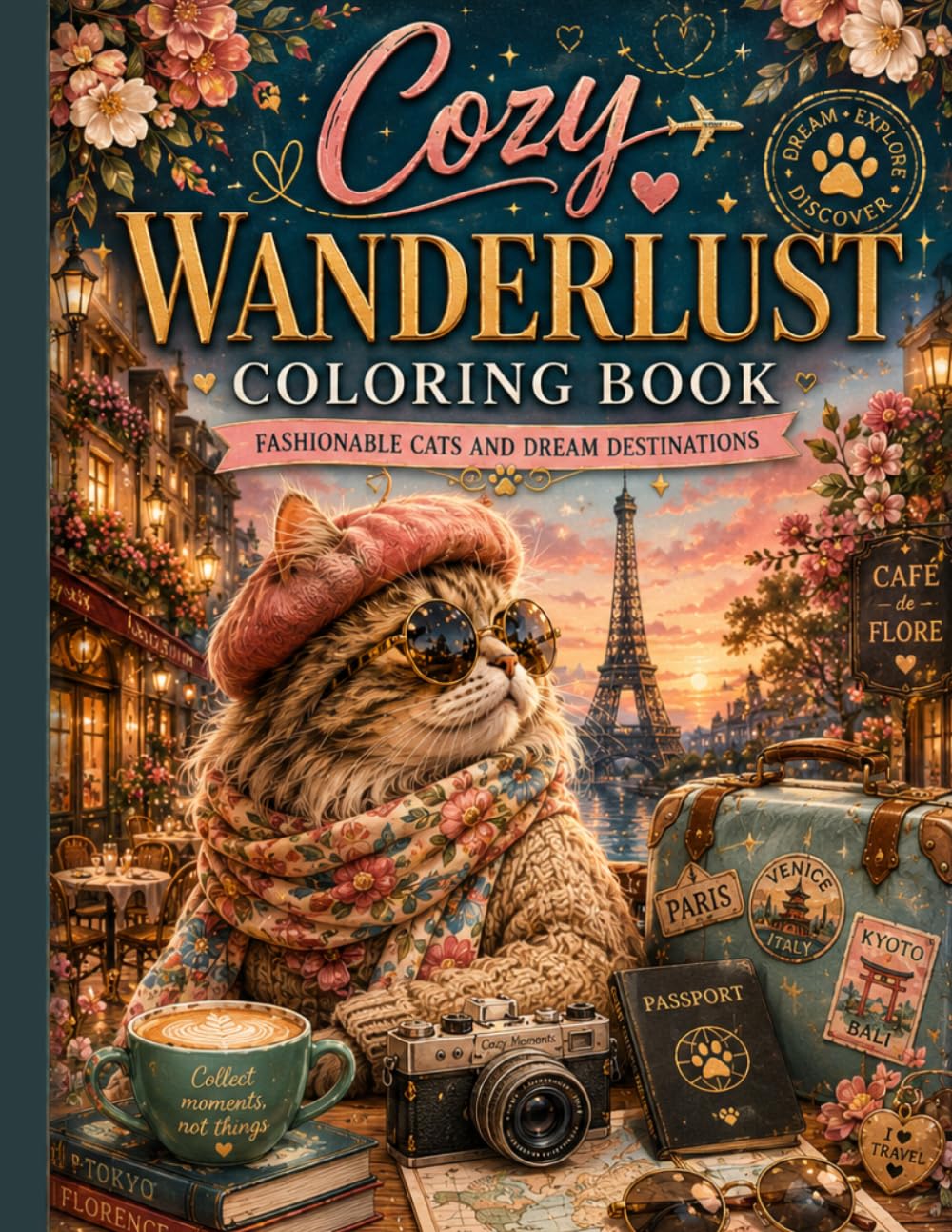 Cozy Wanderlust Coloring Book: Fashionable Cats and Dream Destinations