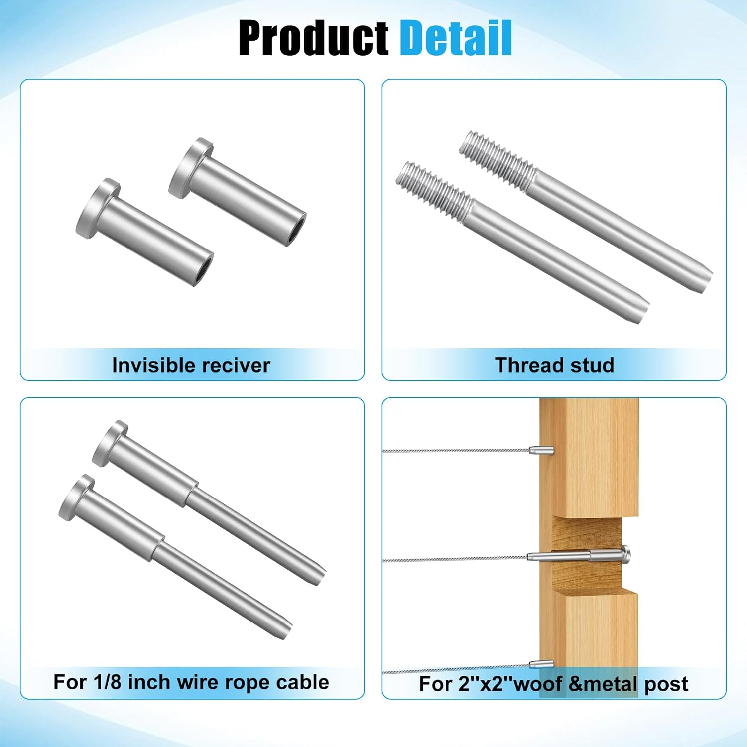 60 Pack Invisible Cable Railing Kit for 1/8" Wire Rope, T316 Stainless Steel Hidden Receiver & Swage Stud End, Marine Grade Threaded Fitting for Wood & Metal Posts, Deck & Stair Railing System