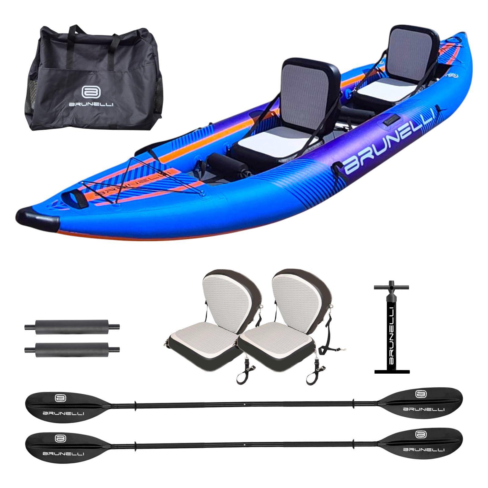 Brunelli 2 Personen Kajak aufblasbar Komplettset Drop-Stitch Kanu Kayak Tour Paddelboot blau