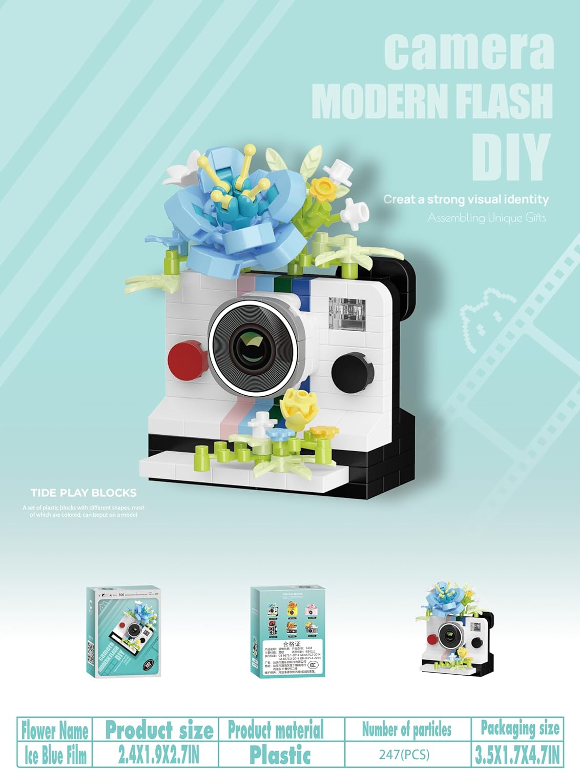 Ice Blue Film Cute Flower Camera Series Mini Building Toy Bricks Micro Blocks Kit Miniature Toys Ideal for Home Decor Desktop