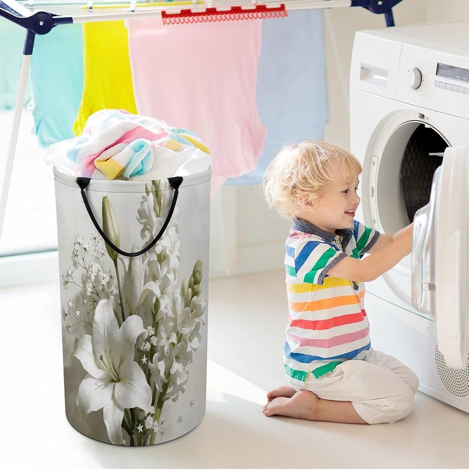 Flower Set White Laundry Hamper Portable Lightweight Clothes Hampers Fashion Dirty Laundry Storage Basket Large Capacity Foldable Clothes Baskets for Bathroom Bedroom