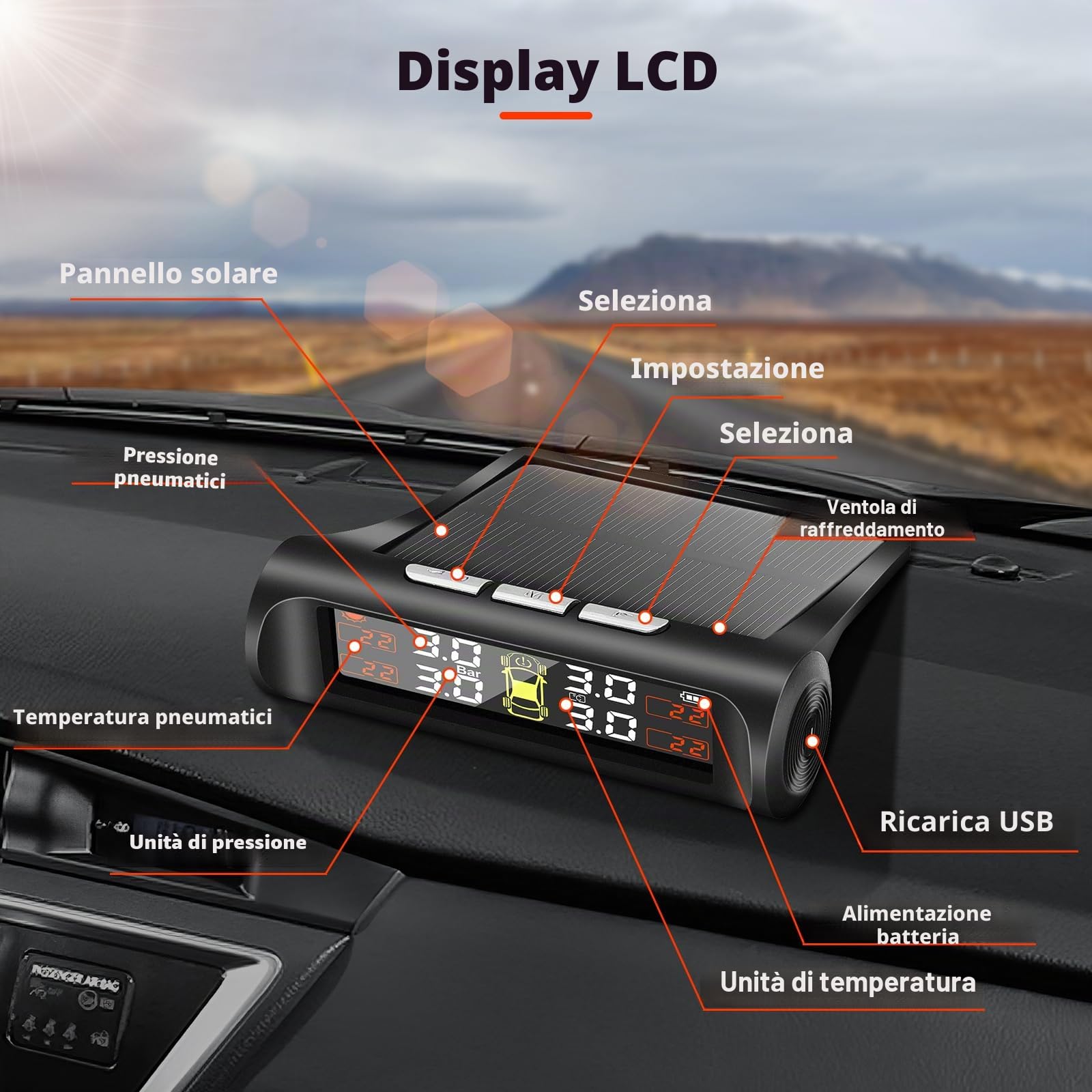 Geloo TPMS Sistema di Controllo Universale della Pressione degli Pneumatici con 4 Sensori Esterni Wireless Sistema di Monitoraggio con 5 modalità Allarme, Campo di Pressione 0-5bar
