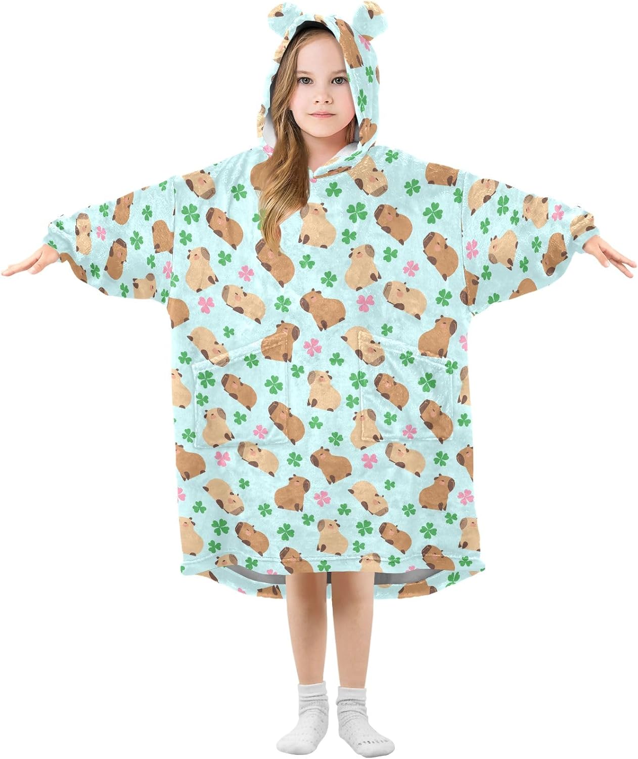 Capybara with Lucky Clover Blue Wearable Blankets for Kids, Soft Warm Cozy Blanket Hoodie for Boys Girls with Pocket
