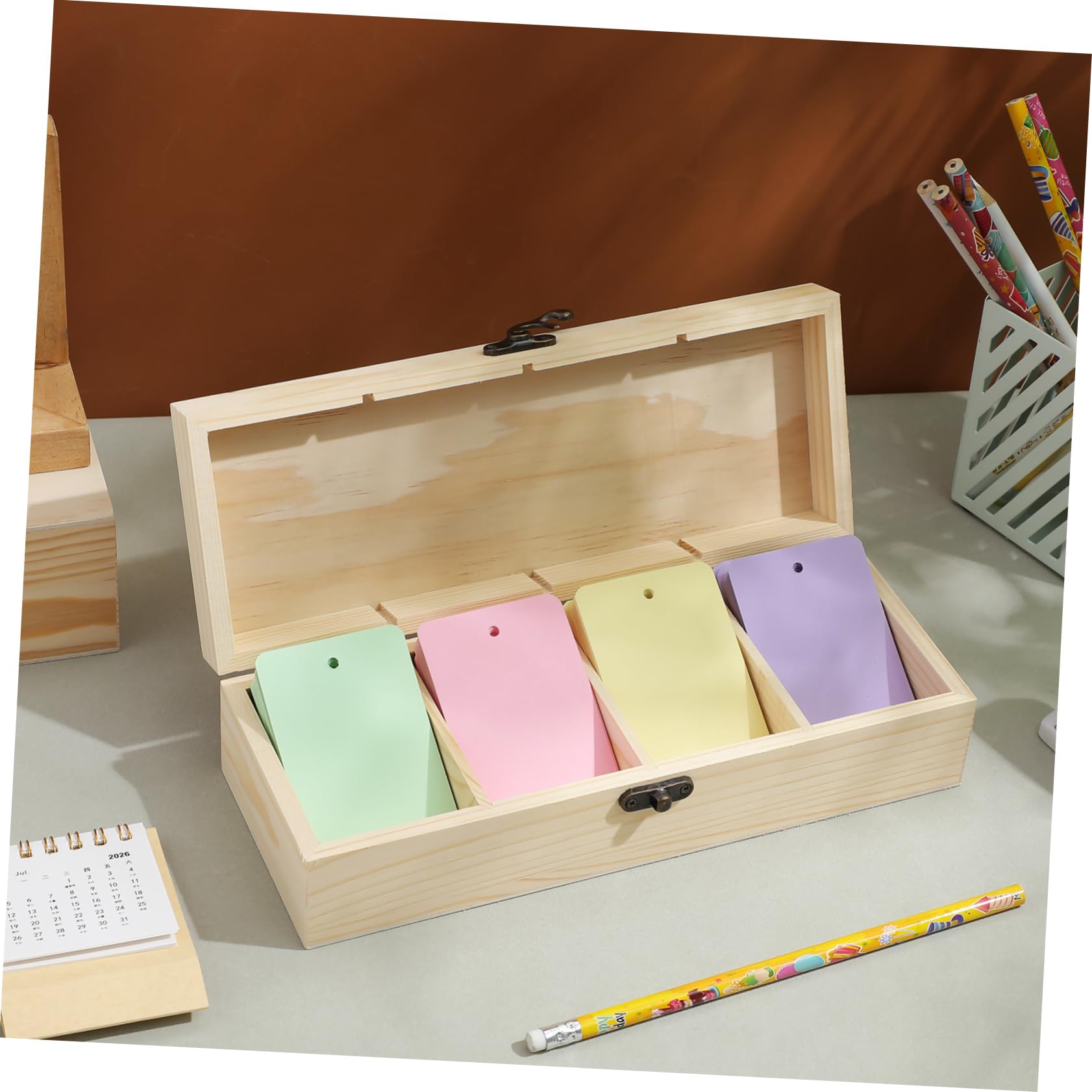 Holzbox mit Klappdeckel 2 Stück 25x9.5x6.5cm Aufbewahrungsbox mit Ablagefächern für Notizen und Karten Geeignet für Büro Schule und Wohnraum