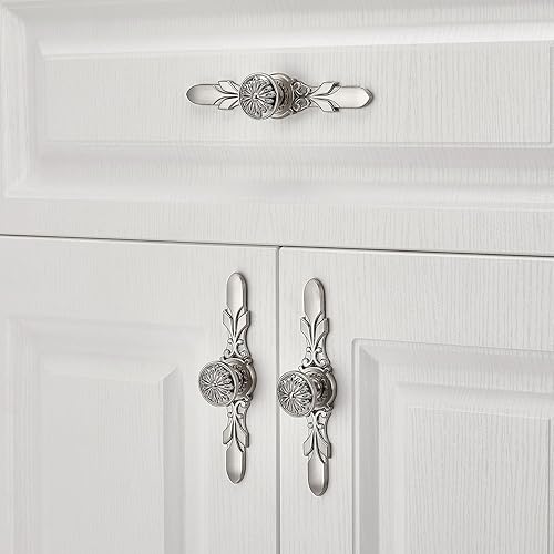 Miniatura 4 de YCSJ Paquete de 10 pomos de níquel cepillado de 5.8 pulgadas con placas, herrajes para gabinete, oficina, baño, tocador, cajón, pomos de armario y