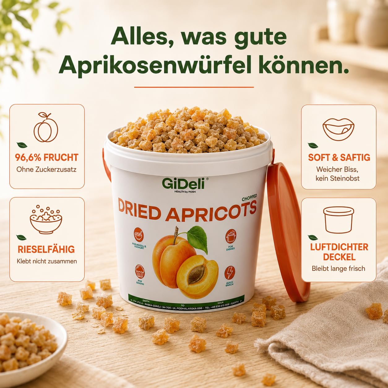 GiDeli Getrocknete Aprikosen 5Kg Gewürfelt Im Eimer Ohne Zuckerzusatz | hoher Fruchtanteil, klebt nicht dank Reismehl, direkt einsatzbereit, ideal für Müsli, Joghurt und zum Backen