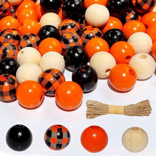 160 cuentas de madera para Halloween, cuentas clásicas de madera naranja y negra, cuentas redondas de madera a cuadros de búfalo, cuentas coloridas