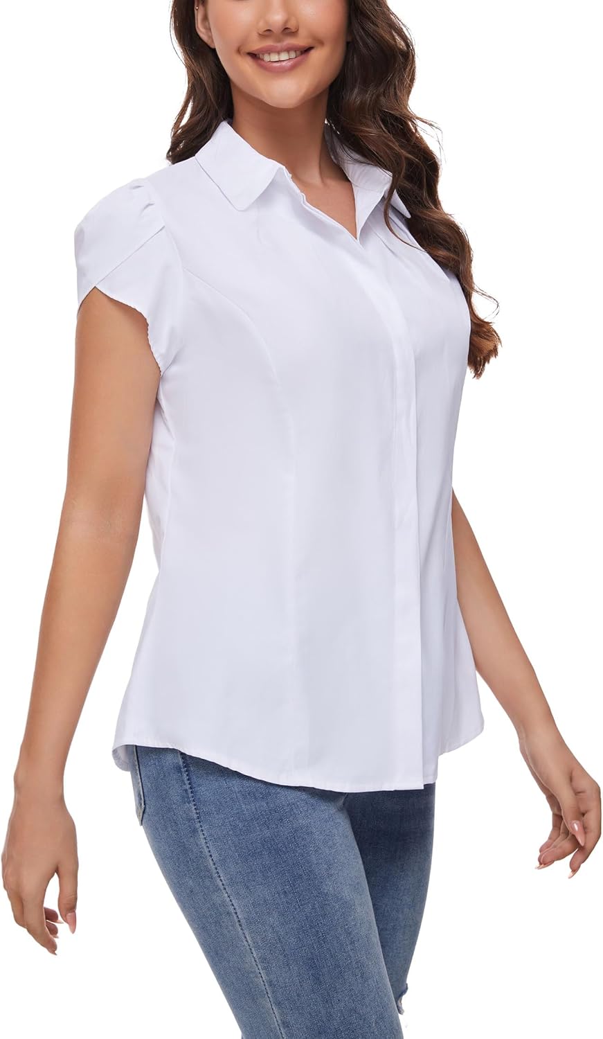 Womens Button Down Shirt Tulip Sleeve Business Casual Work Blouse - Image 4