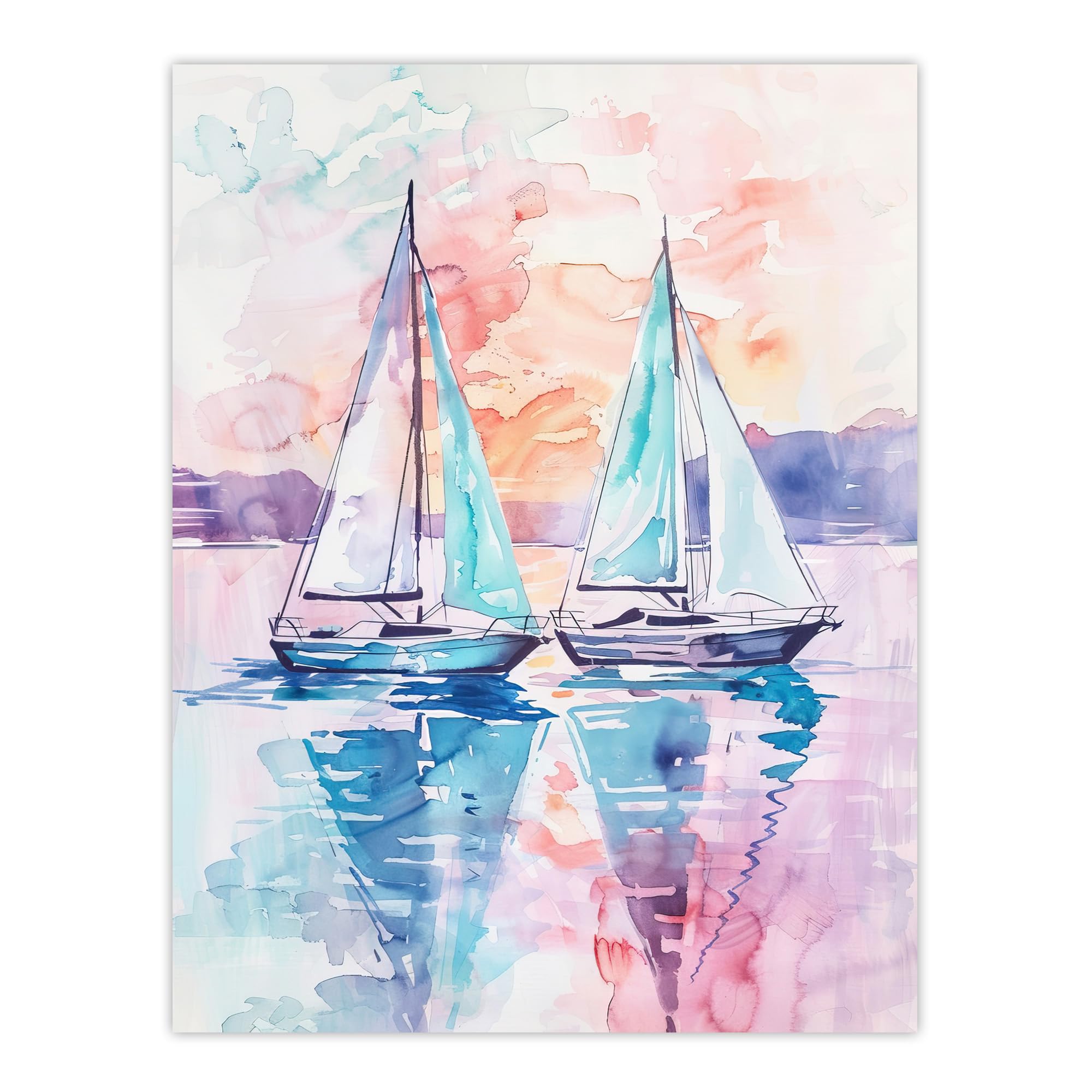 Watercolour Seascape Wall Art Print - Sailboats at Sunset - W24 inch x H32 inch